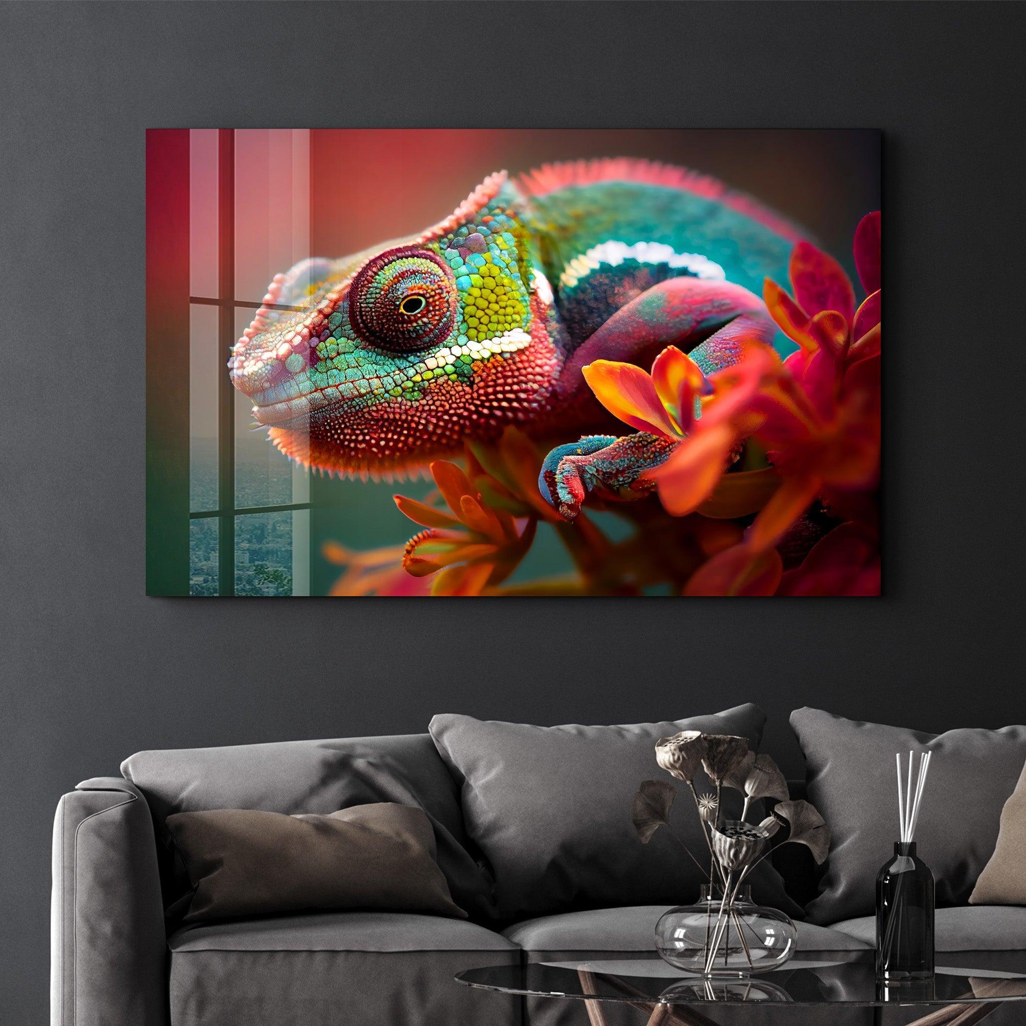 Vibrant Chameleon | Glass Wall Art - Artdesigna