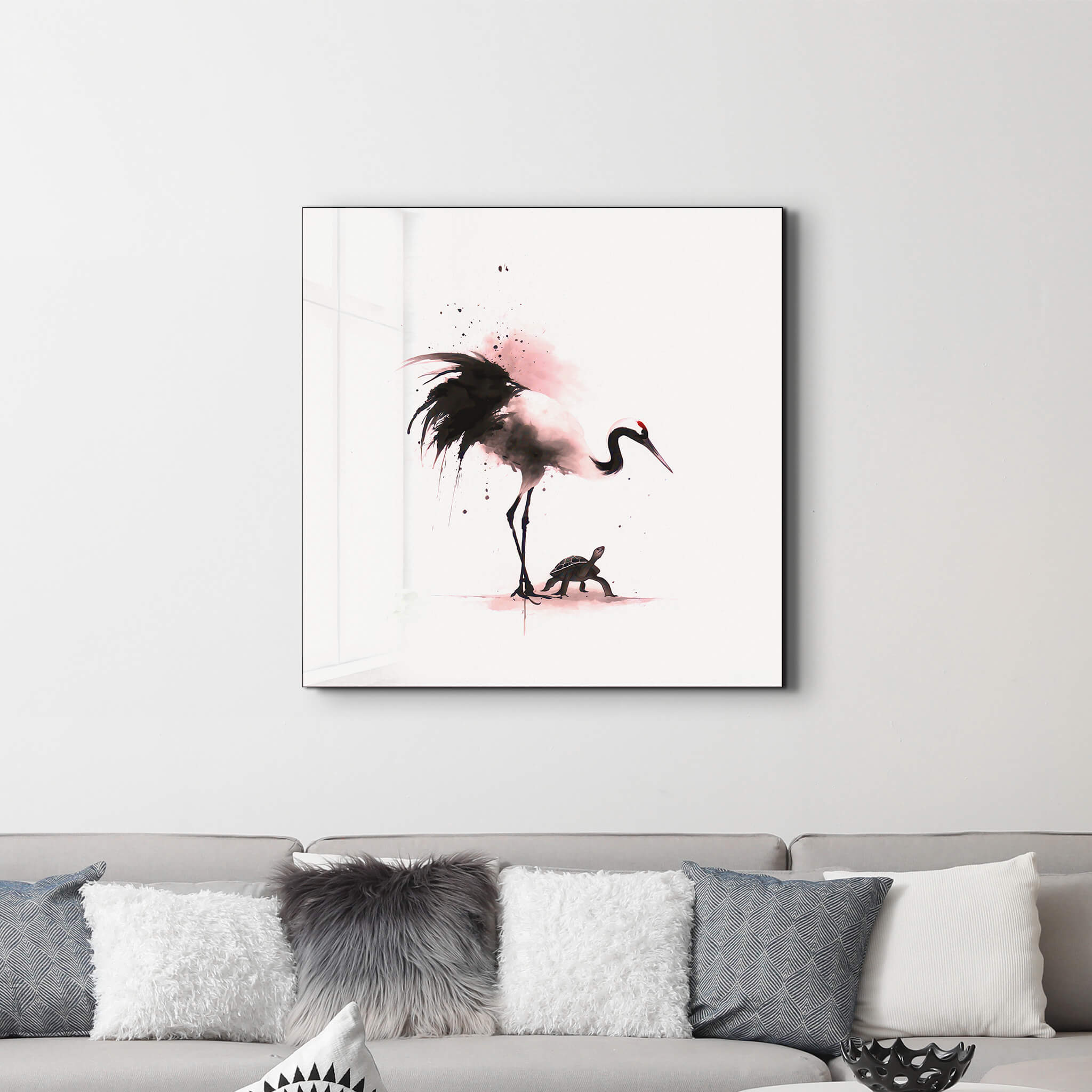 Crane and Tortoise in Harmony | Glass Wall Art