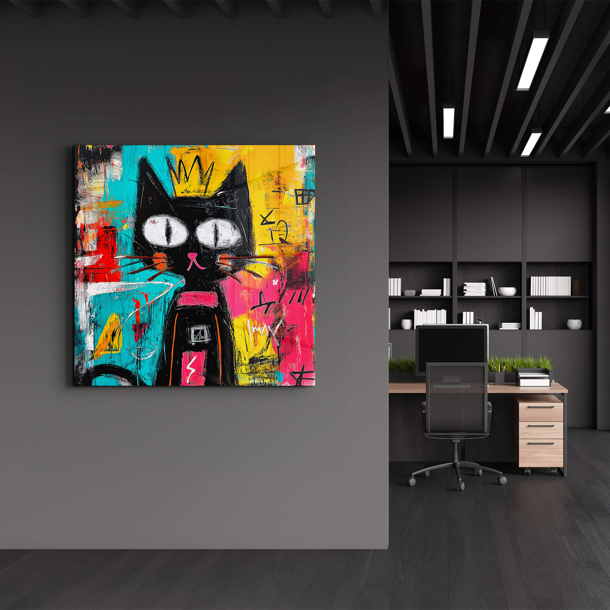The Crowned Feline: Abstract Graffiti Cat Wall Art | Glass Wall