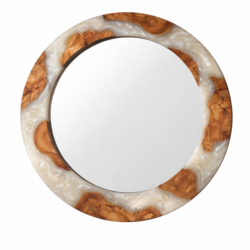 White pearl epoxy and olive wood wall art mirror by Artdesigna, featuring a circular design with a polished wooden frame.