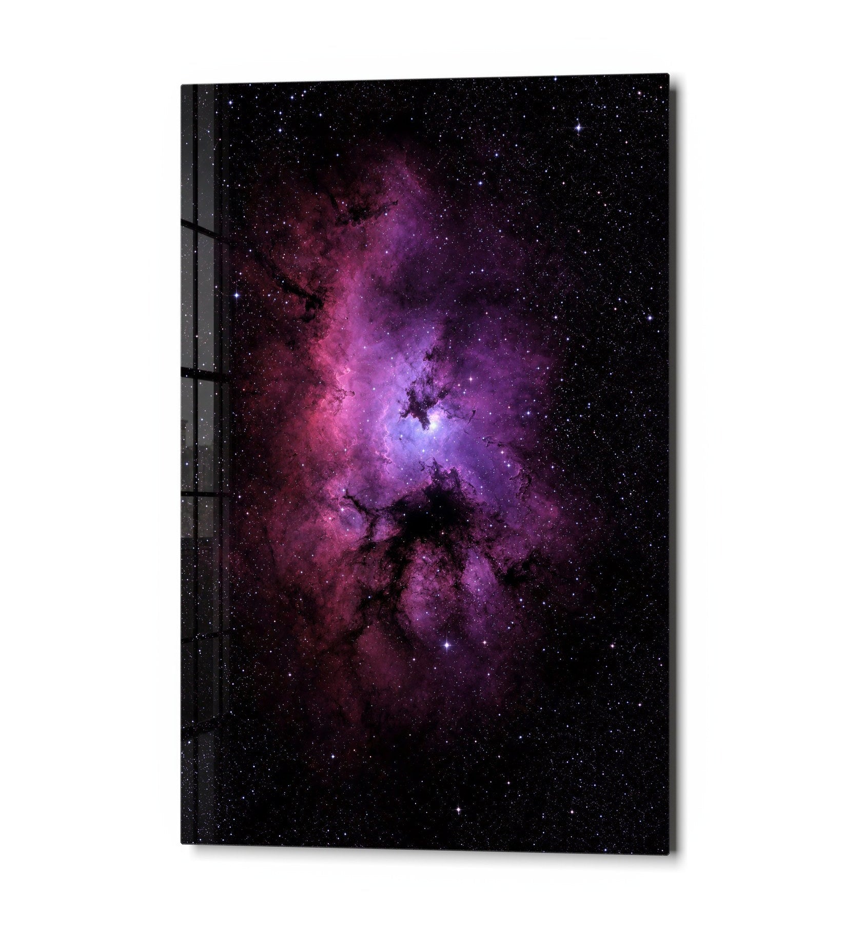 Pink Haze open sky glass wall art by Artdesigna featuring vibrant pink and blue abstract sky design.