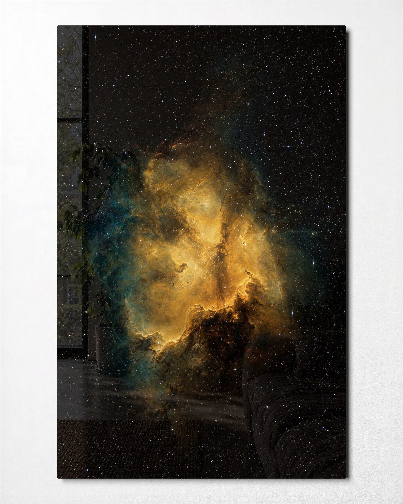 Golden Cloud, Black Sky glass wall art by Artdesigna, front view