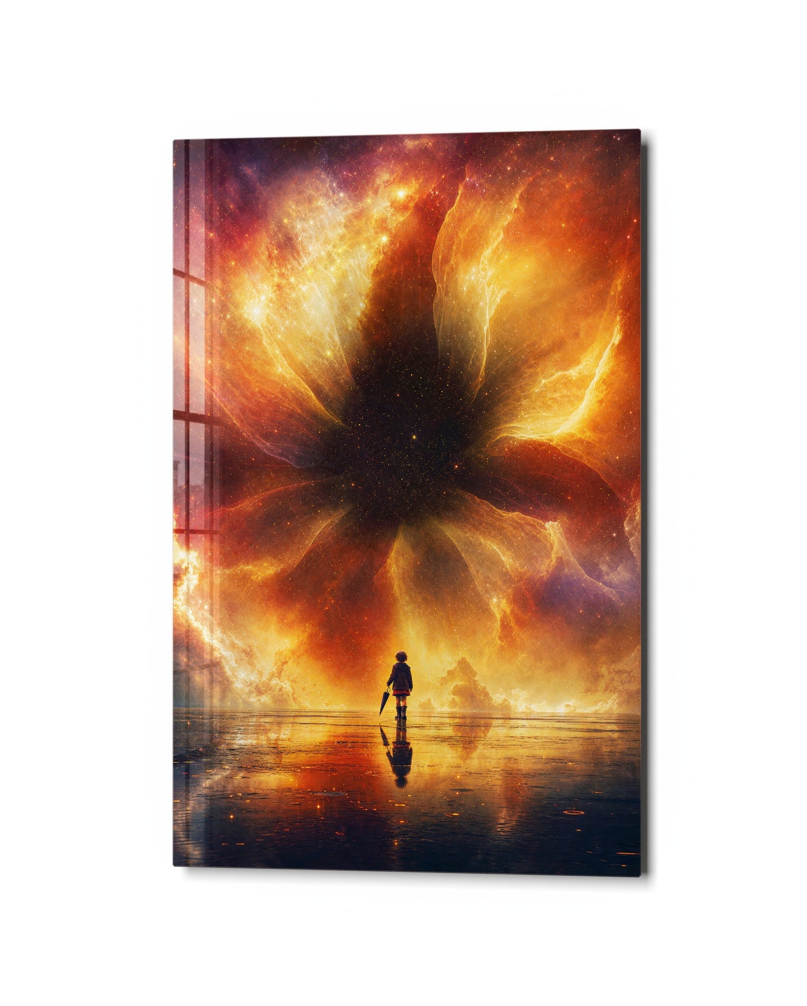 Fire Sky, Small Figure glass wall art by Artdesigna, studio view