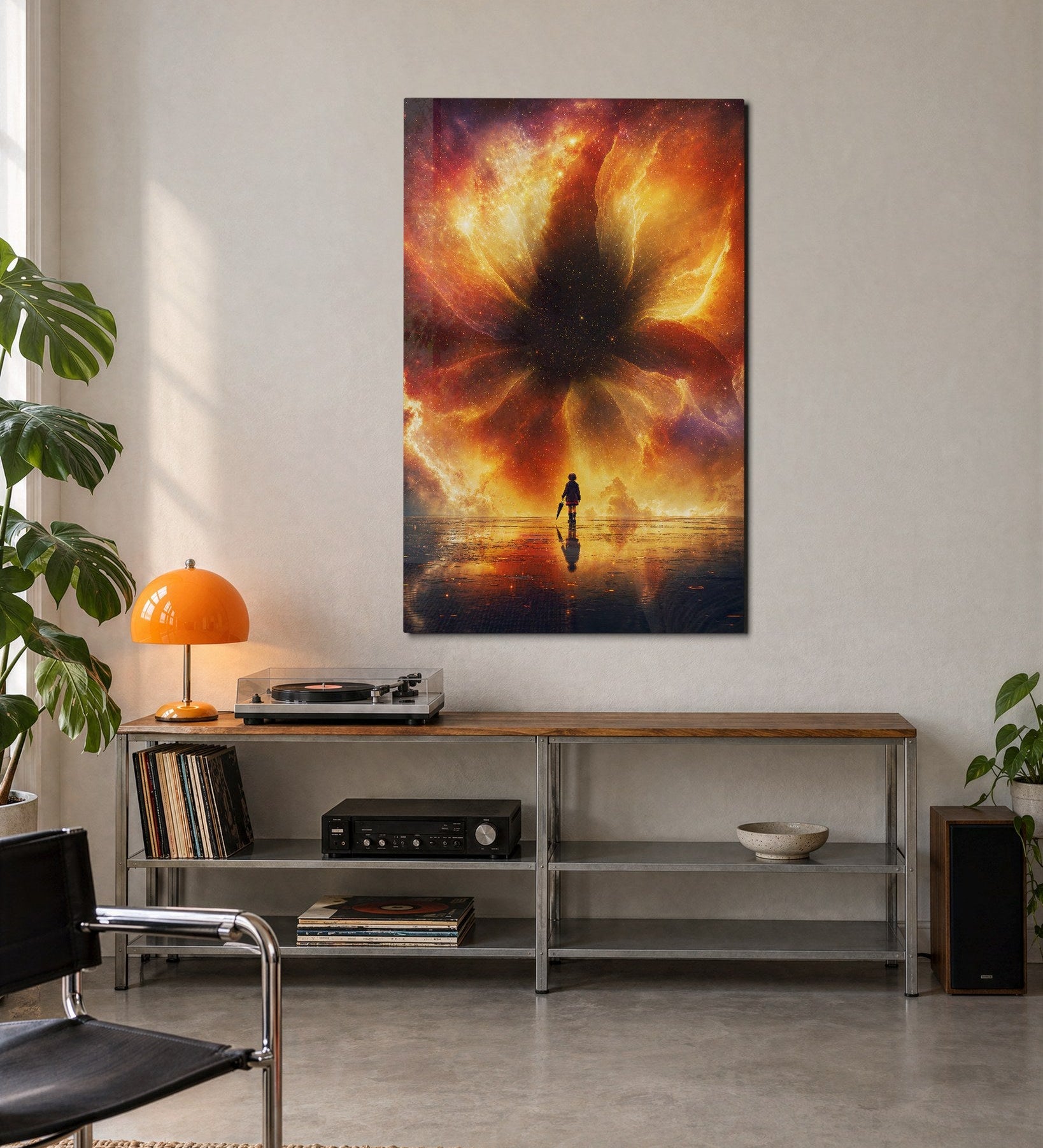 Small Fire Sky glass wall art figure by Artdesigna, featuring vibrant, abstract glass design suitable for modern decor.