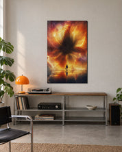 Fire Sky, Small Figure glass wall art by Artdesigna, lifestyle view