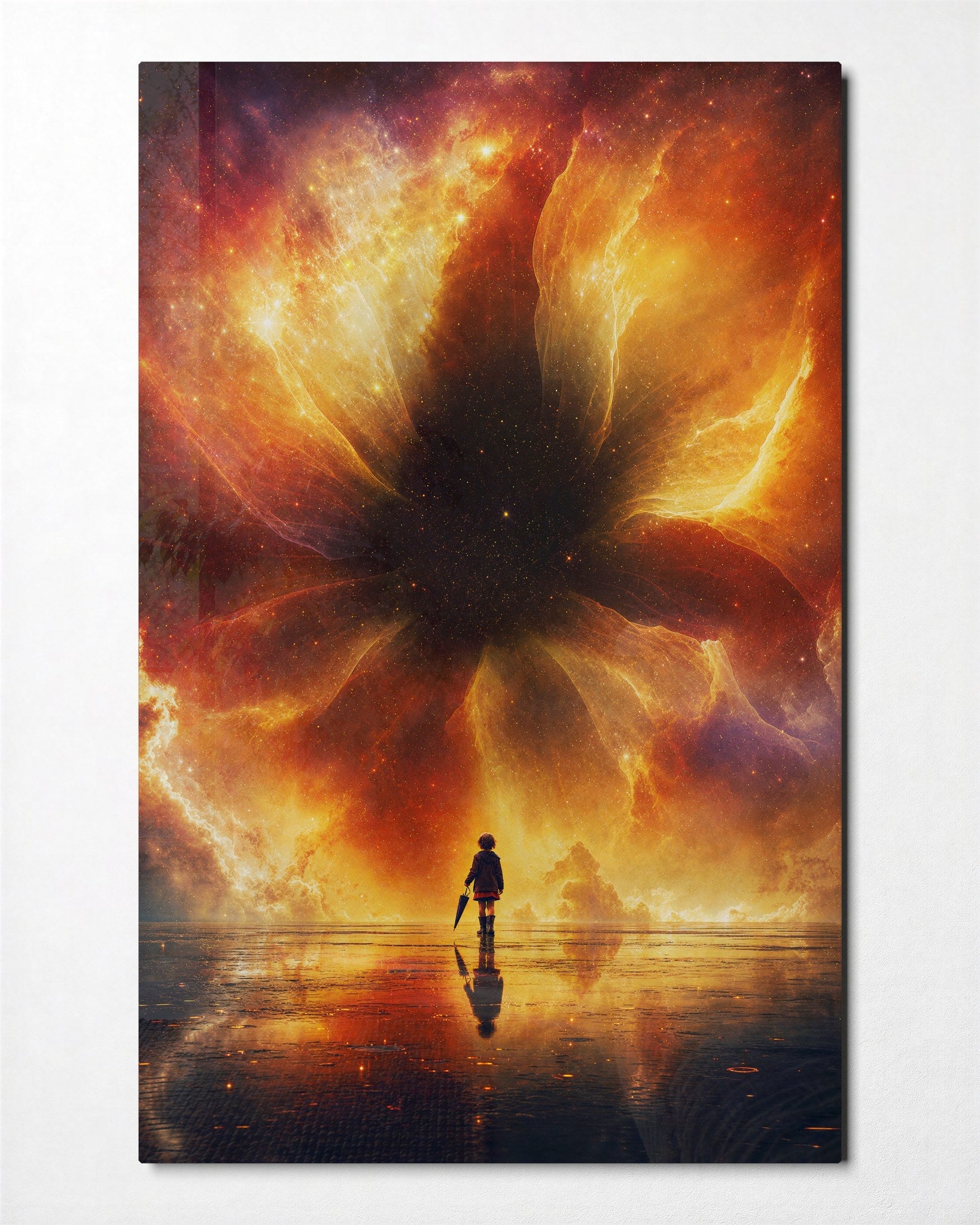 Fire Sky, Small Figure glass wall art by Artdesigna, front view