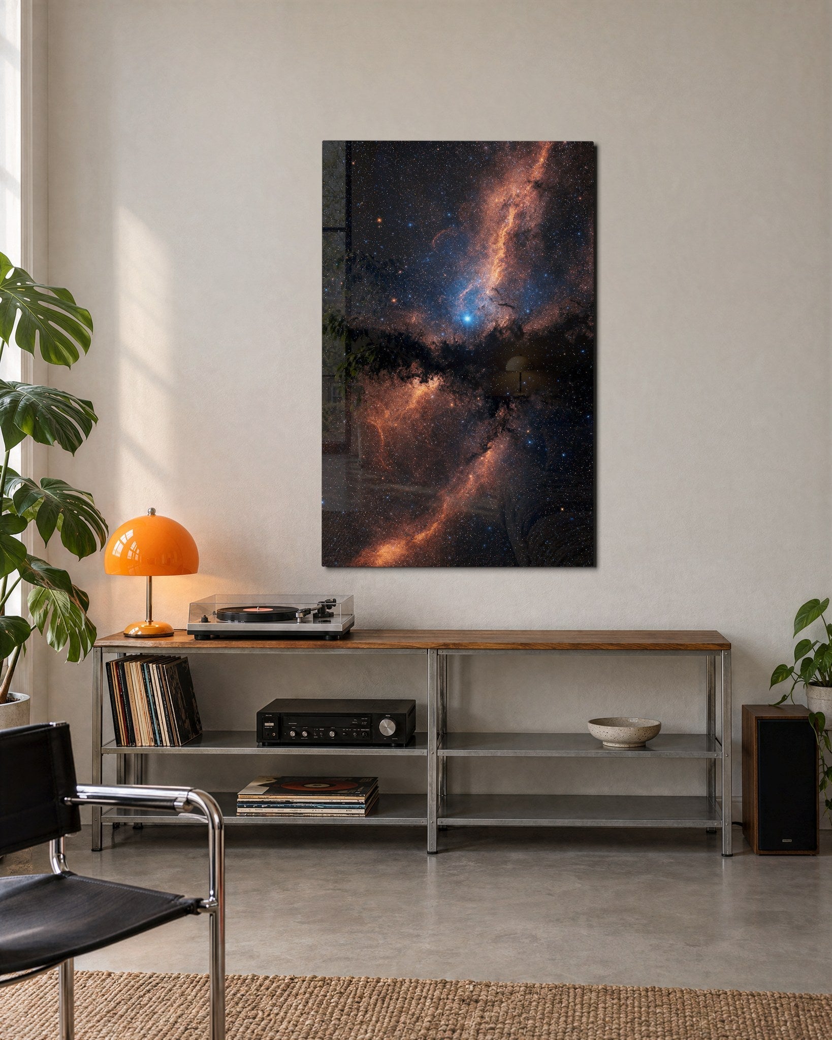Milky Way Orange glass wall art by Artdesigna, lifestyle view