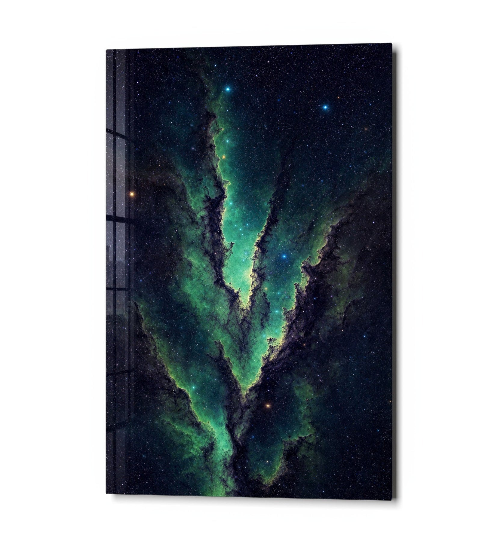 Emerald Seam glass wall art by Artdesigna featuring vibrant green hues and abstract design, mounted on a wall for modern decor.