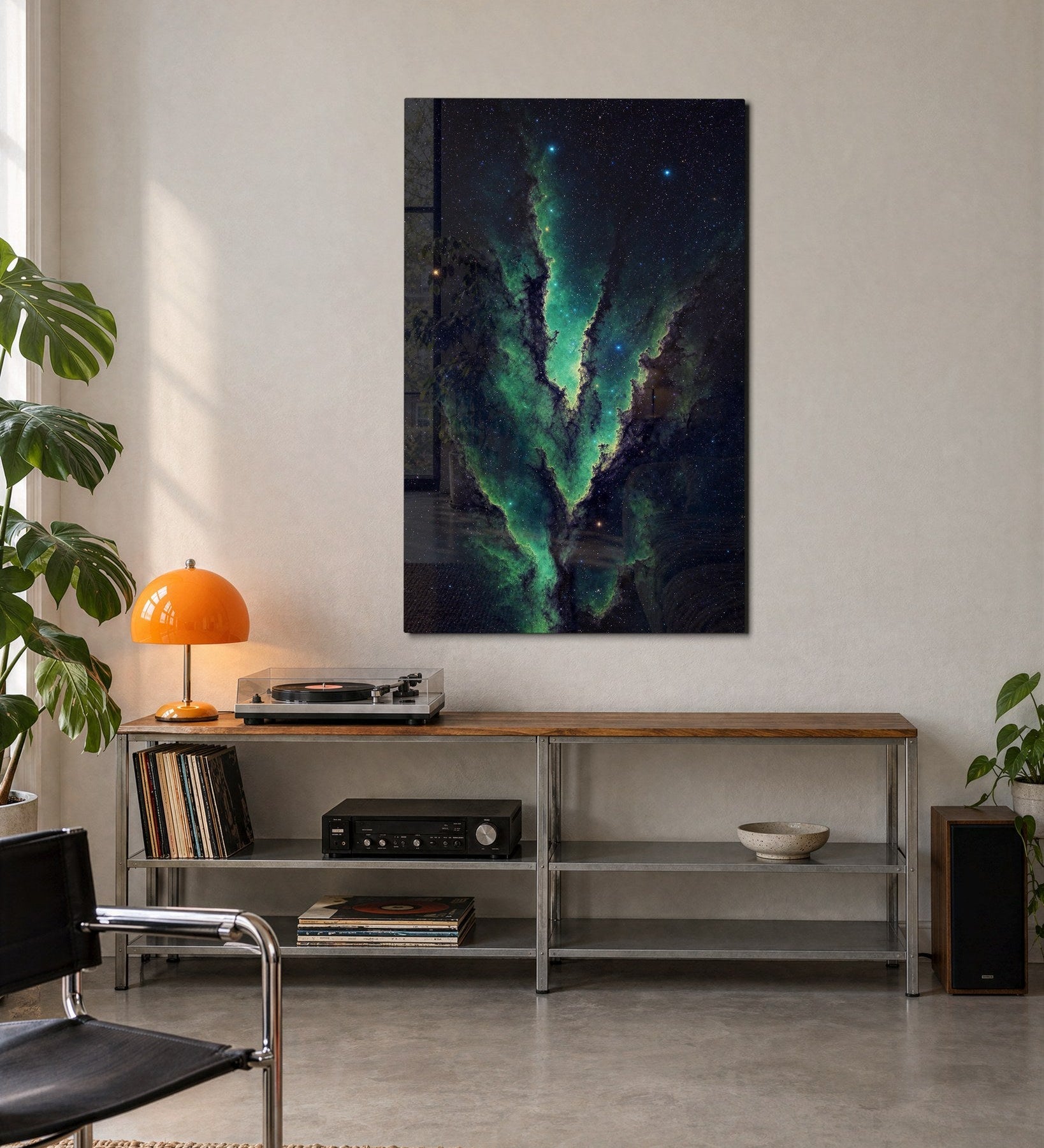 Elegant emerald green glass wall art by Artdesigna, showcasing abstract design perfect for modern interior decor.