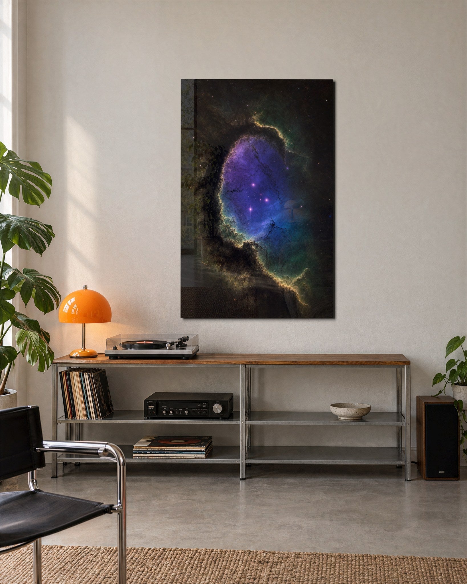 Window in the Clouds glass wall art by Artdesigna, lifestyle view