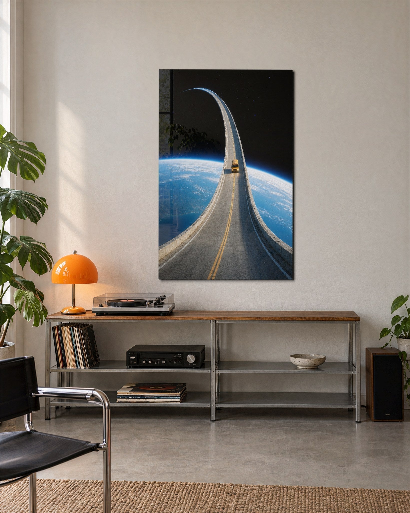 Little Truck, Big Orbit glass wall art by Artdesigna, lifestyle view