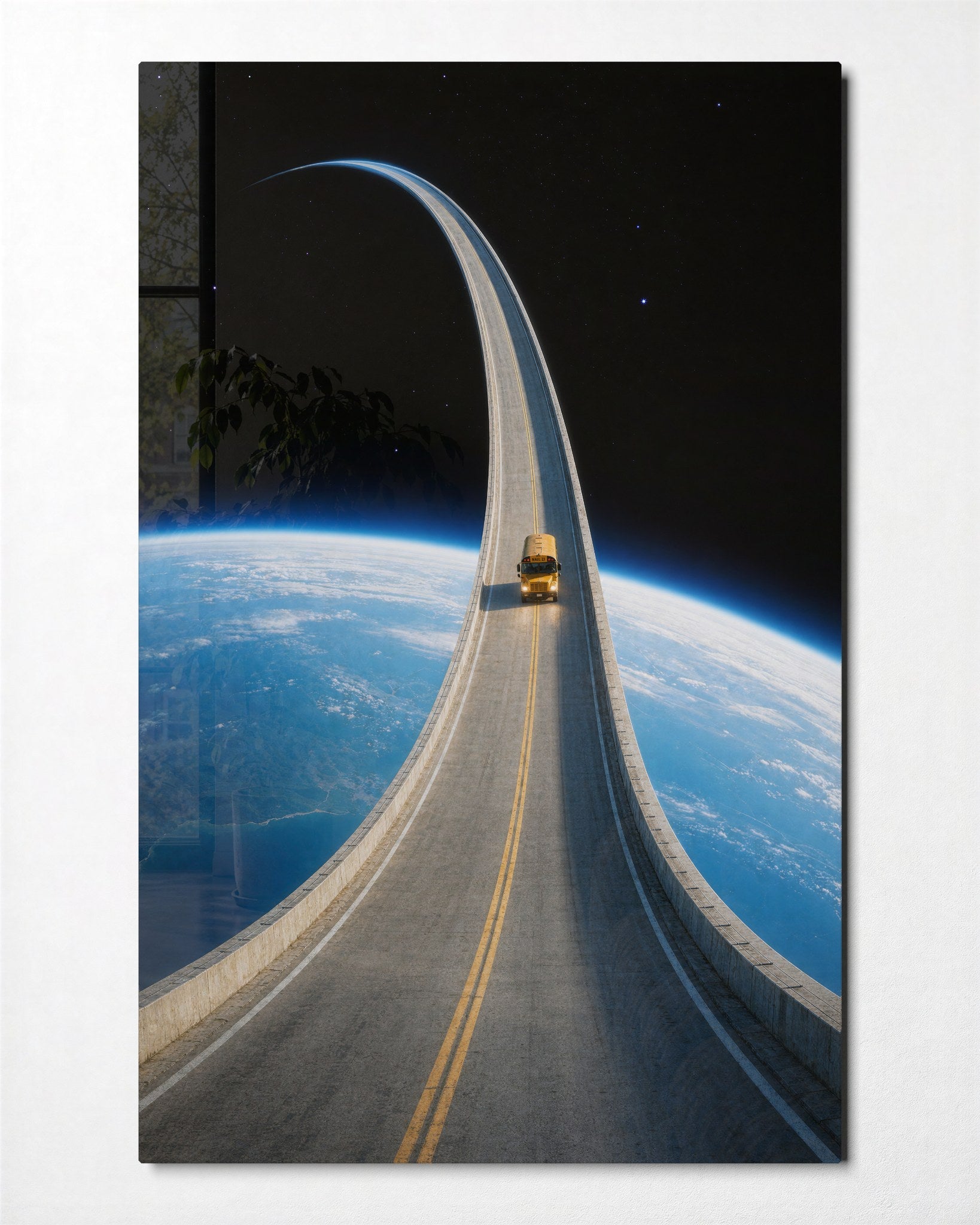 Little Truck, Big Orbit glass wall art by Artdesigna, front view