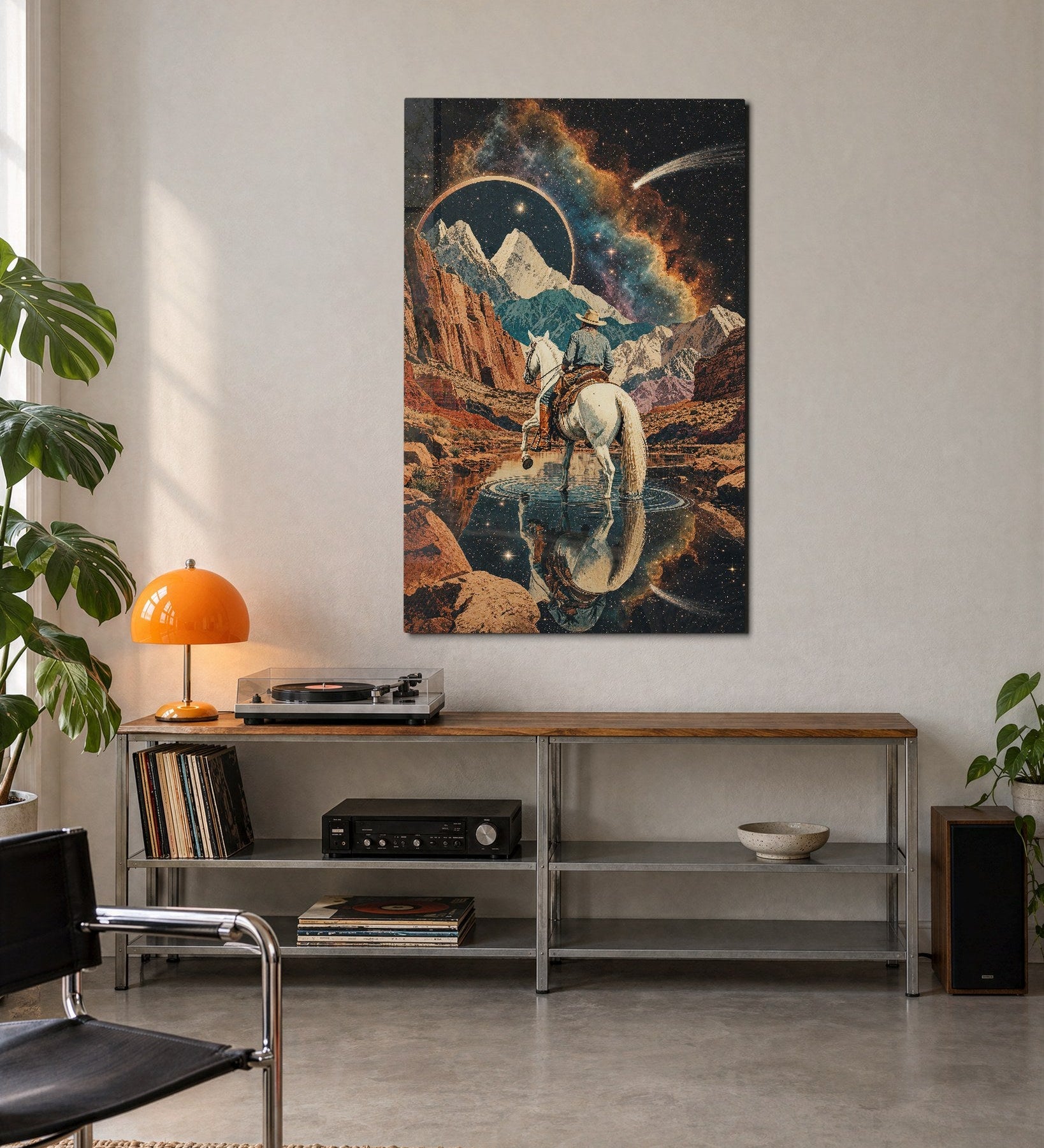 White horse glass wall art featuring a starry pass scene, designed by Artdesigna, perfect for modern home decor.