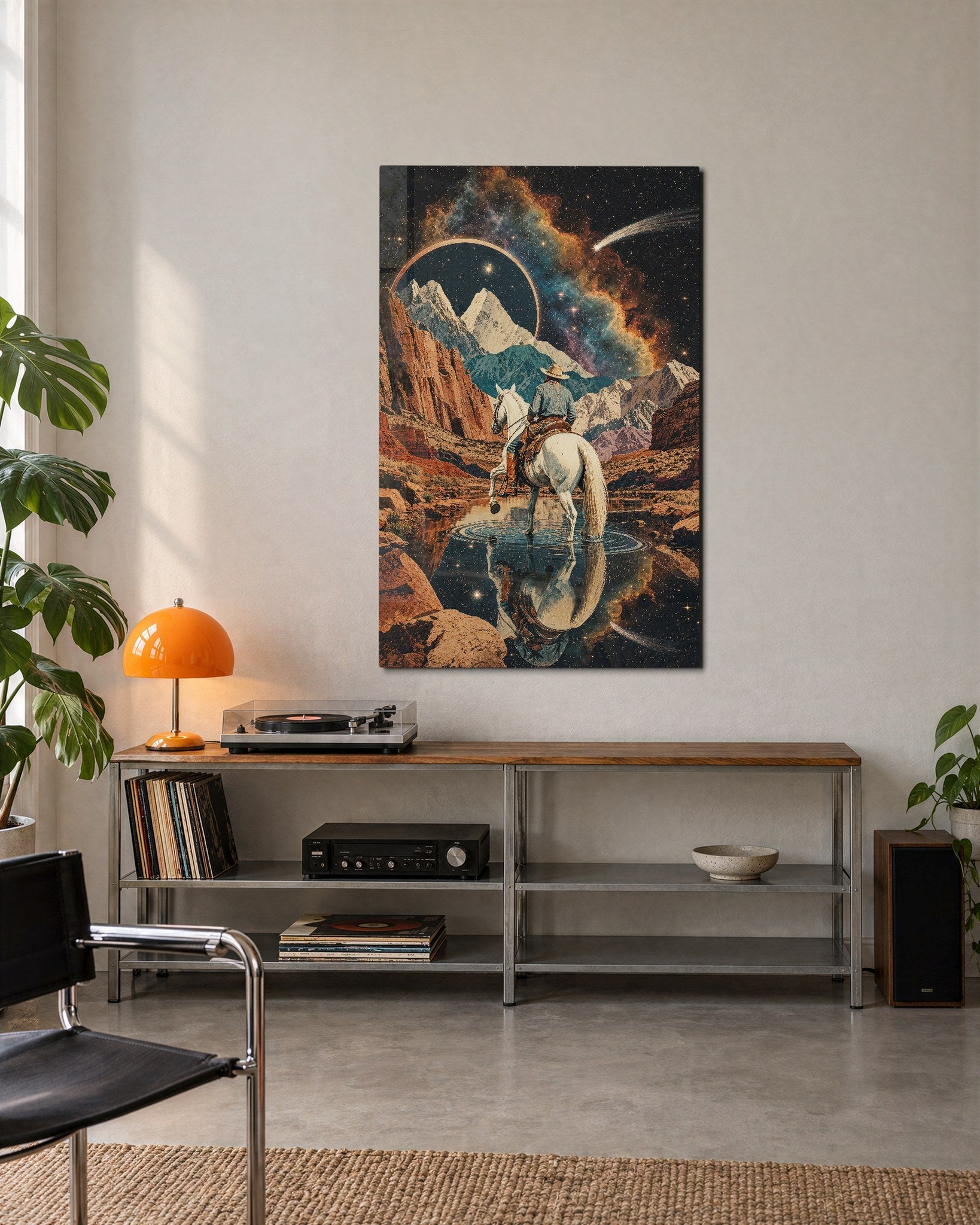 White Horse, Starry Pass glass wall art by Artdesigna, lifestyle view