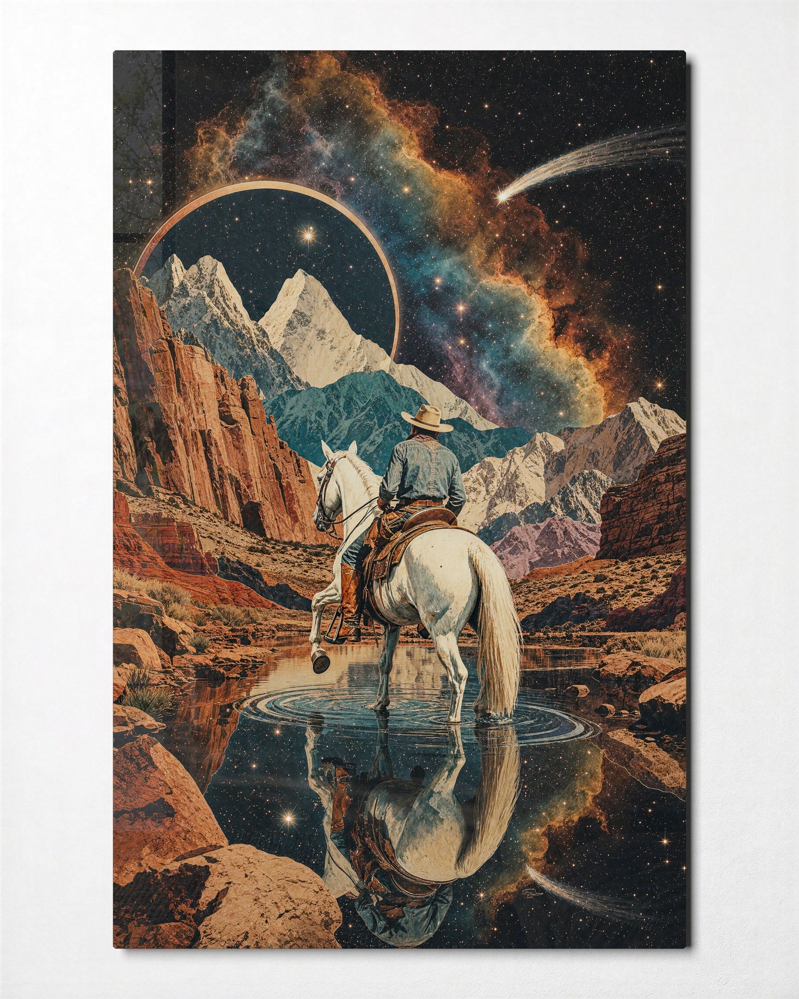 White Horse, Starry Pass glass wall art by Artdesigna, front view