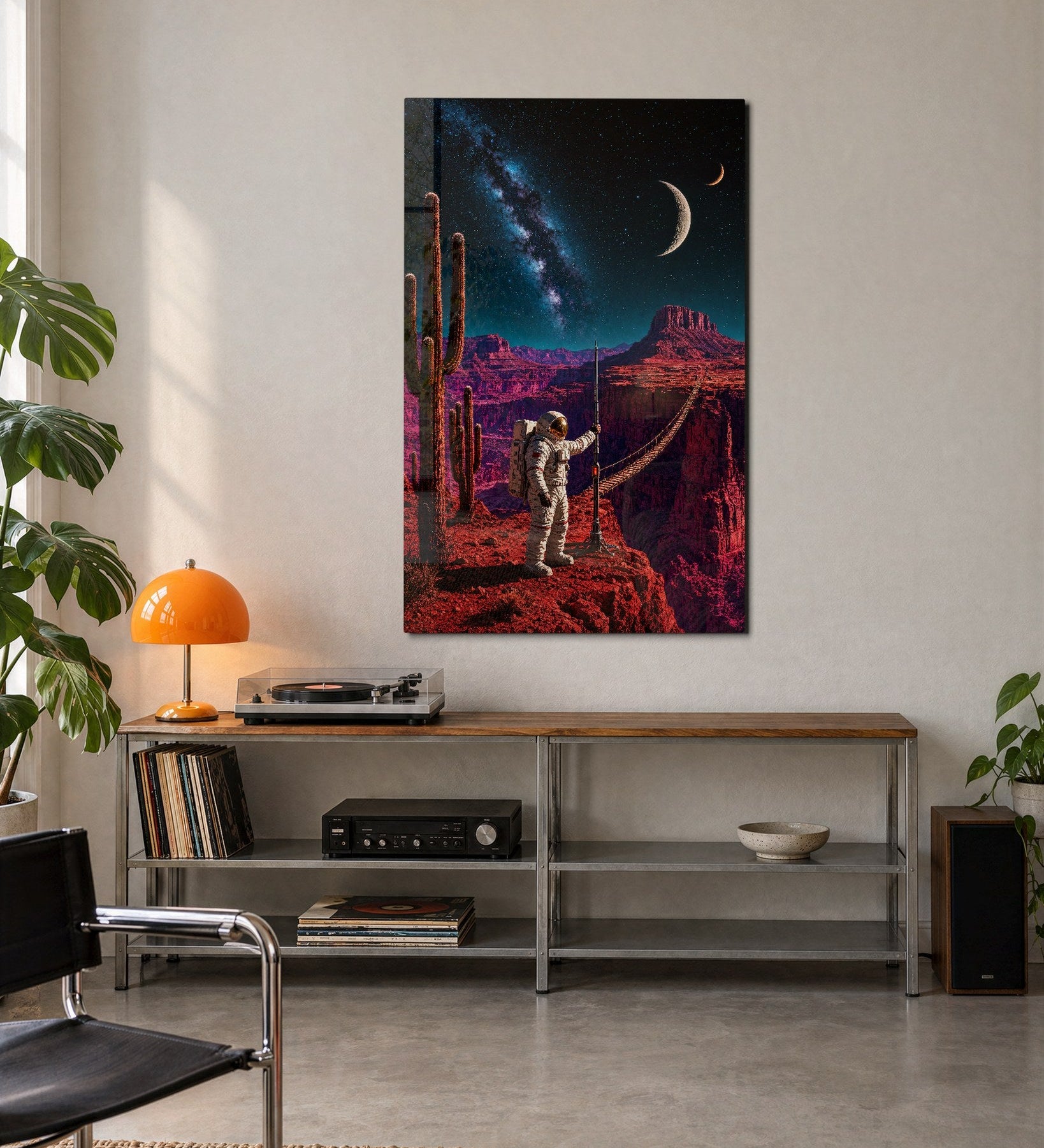 Red Canyon Rope Bridge glass wall art by Artdesigna, featuring a vibrant red bridge scene on a sleek glass panel.