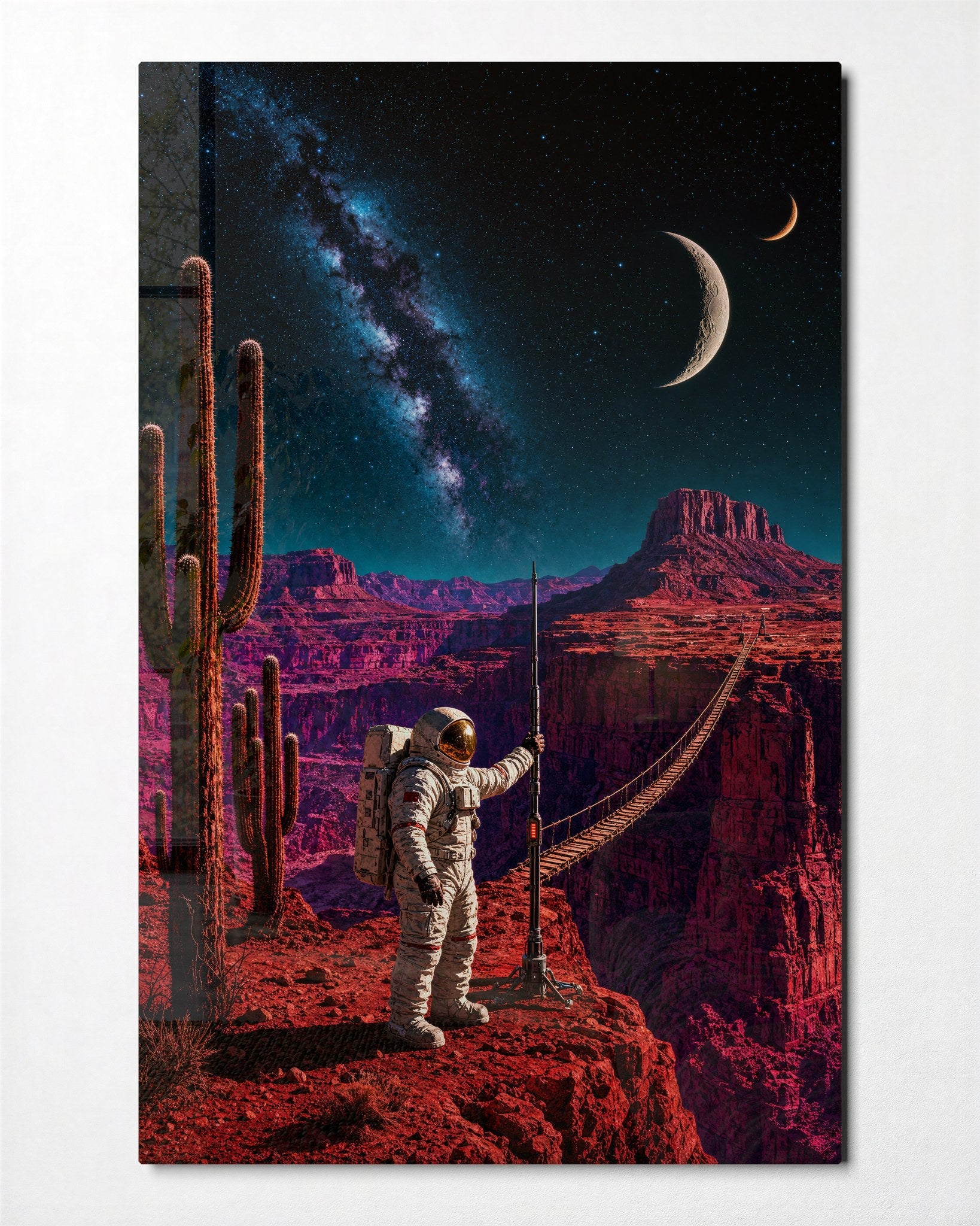 Rope Bridge, Red Canyon glass wall art by Artdesigna, front view