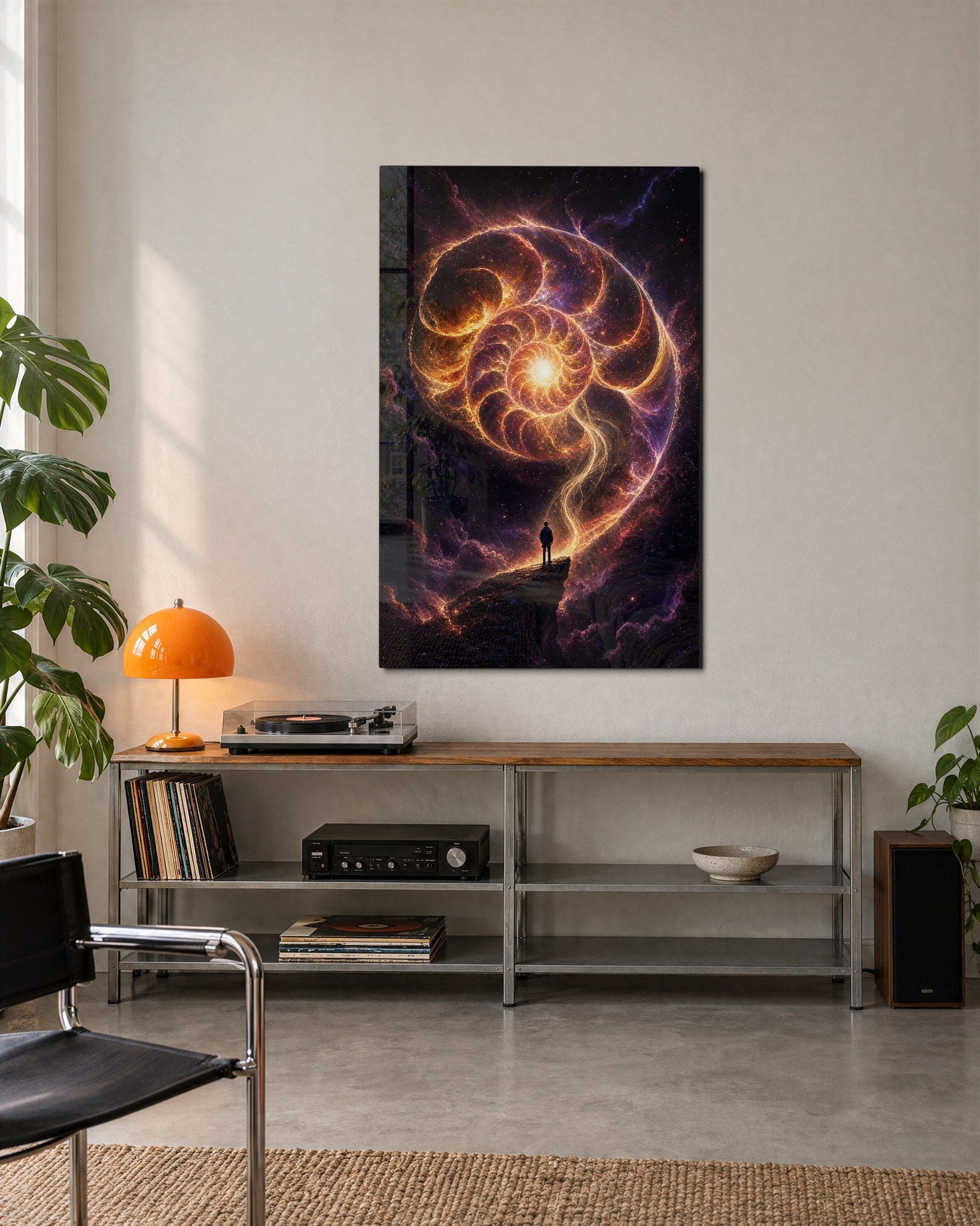 Beneath the Swirl glass wall art by Artdesigna, lifestyle view