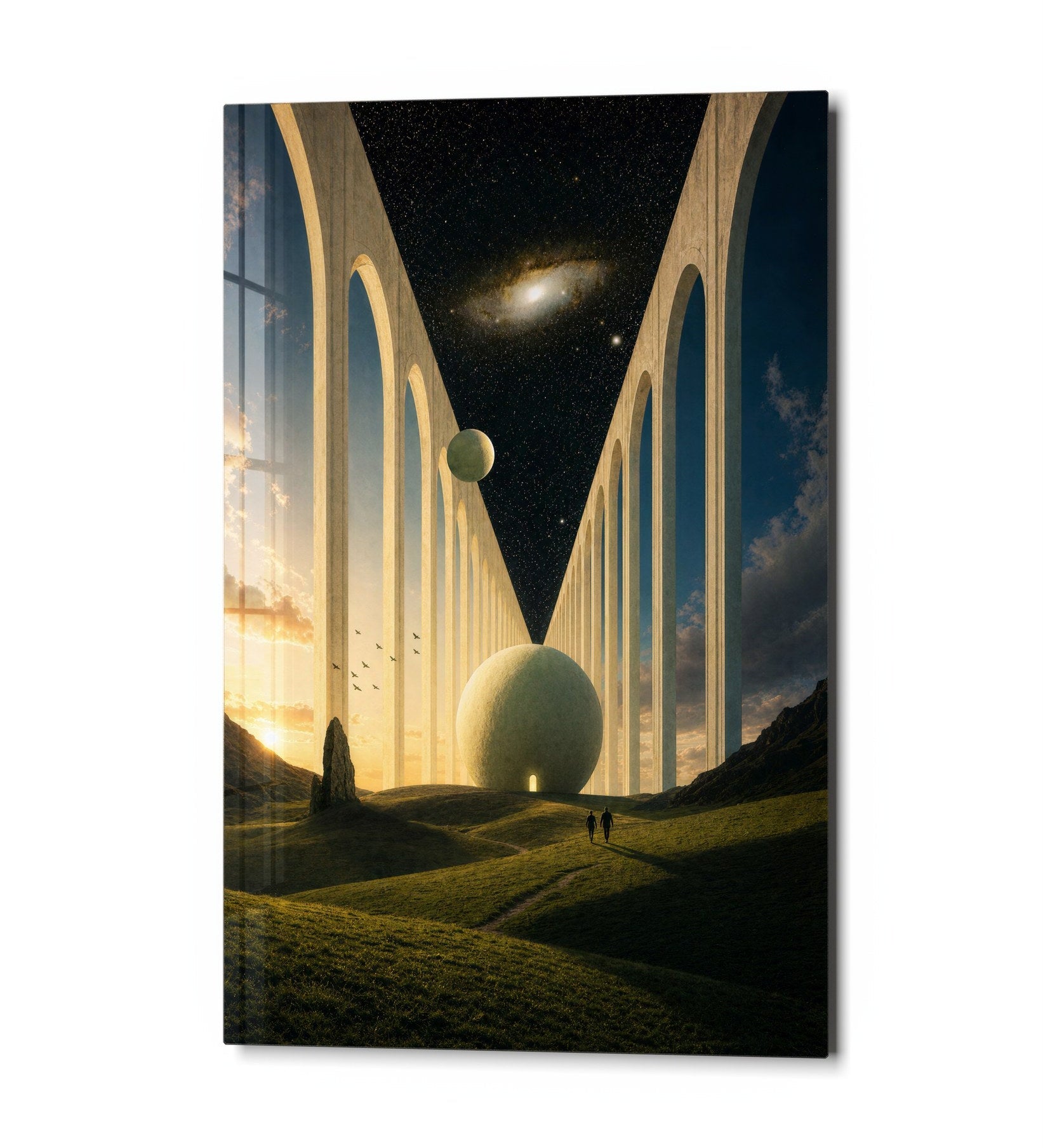 Pale Colonnade glass wall art by Artdesigna featuring abstract design with soft pastel tones, displayed hanging on a modern wall.