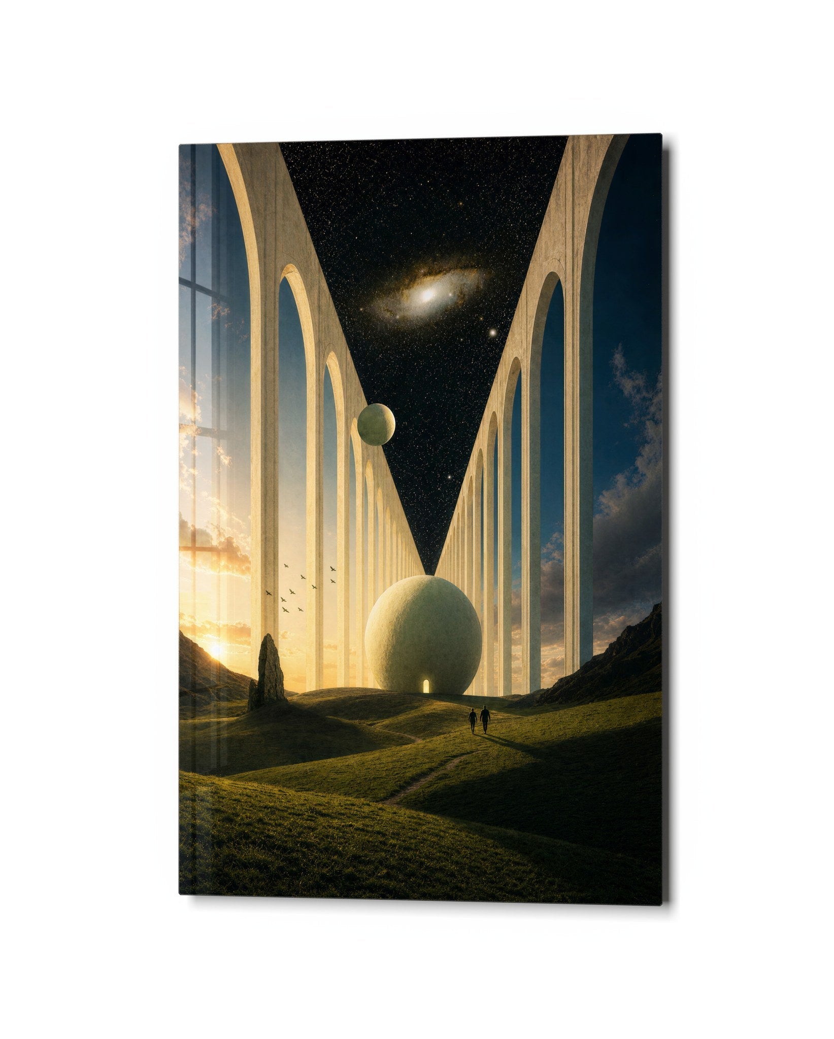 Pale Colonnade glass wall art by Artdesigna, studio view