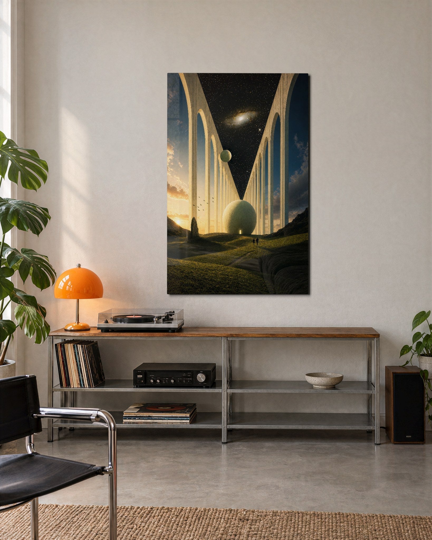 Pale Colonnade glass wall art by Artdesigna, lifestyle view