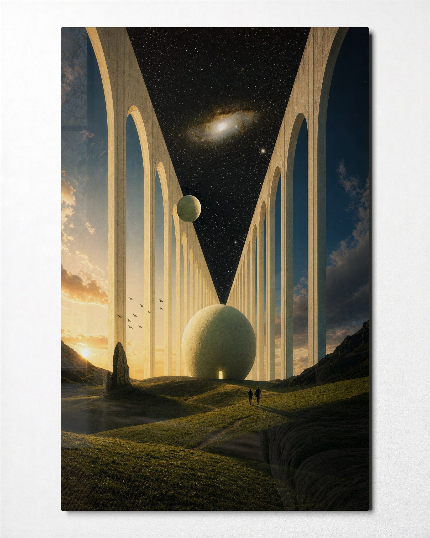 Pale Colonnade glass wall art by Artdesigna, front view