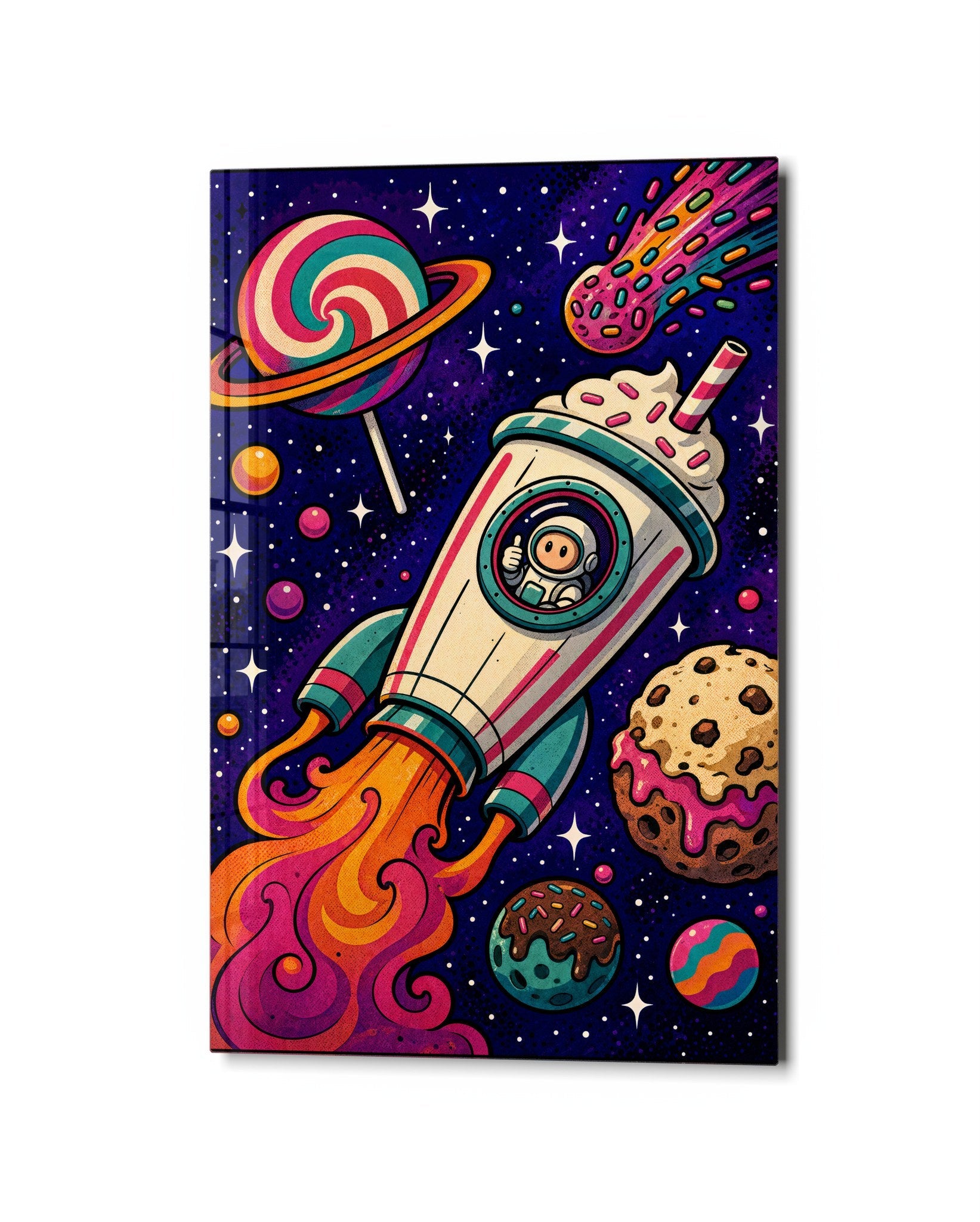 Candy Sky Voyage glass wall art by Artdesigna, studio view