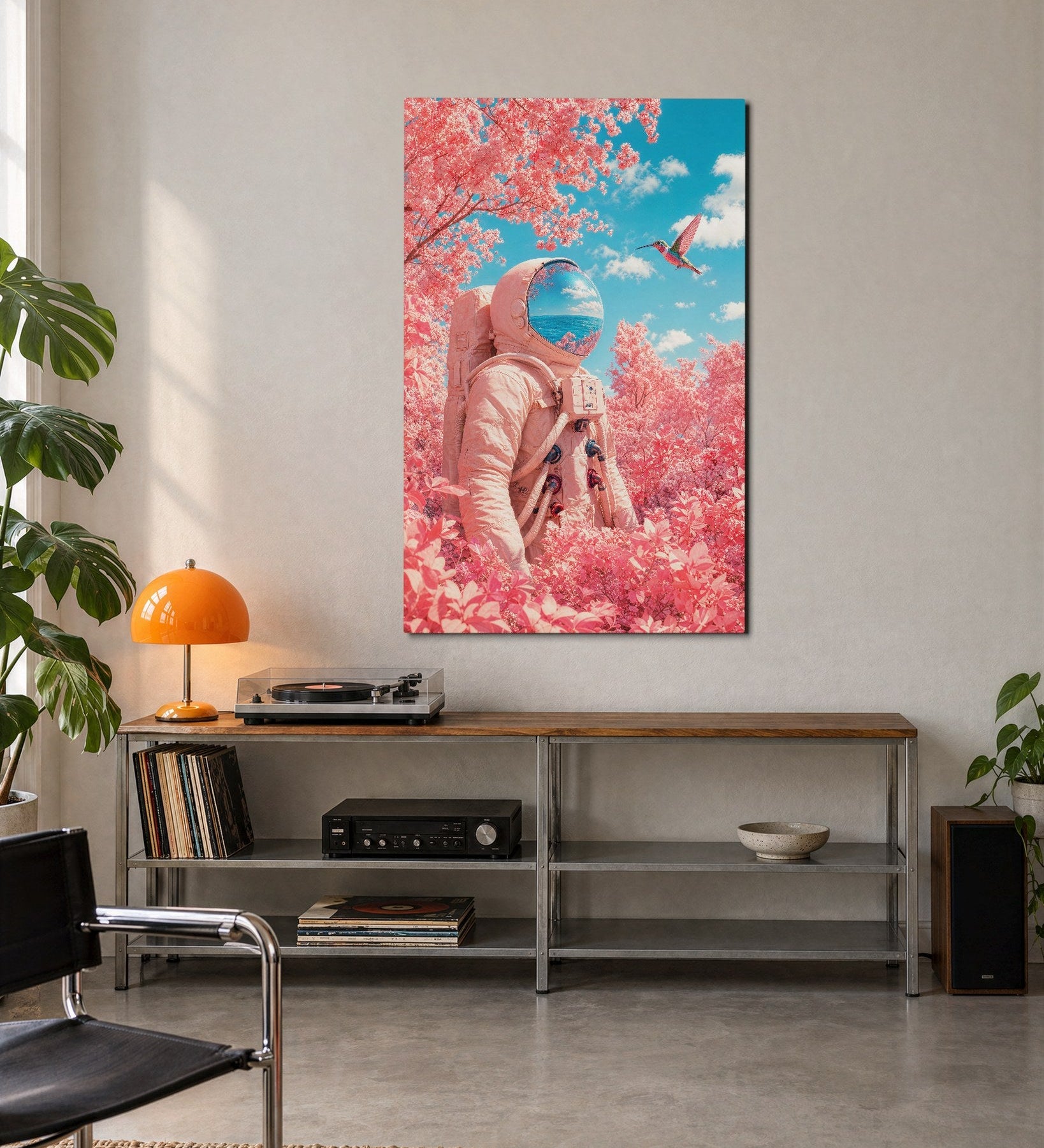 Glass wall art featuring an astronaut surrounded by roses, designed by Artdesigna, displayed on a modern wall in a stylish interior.