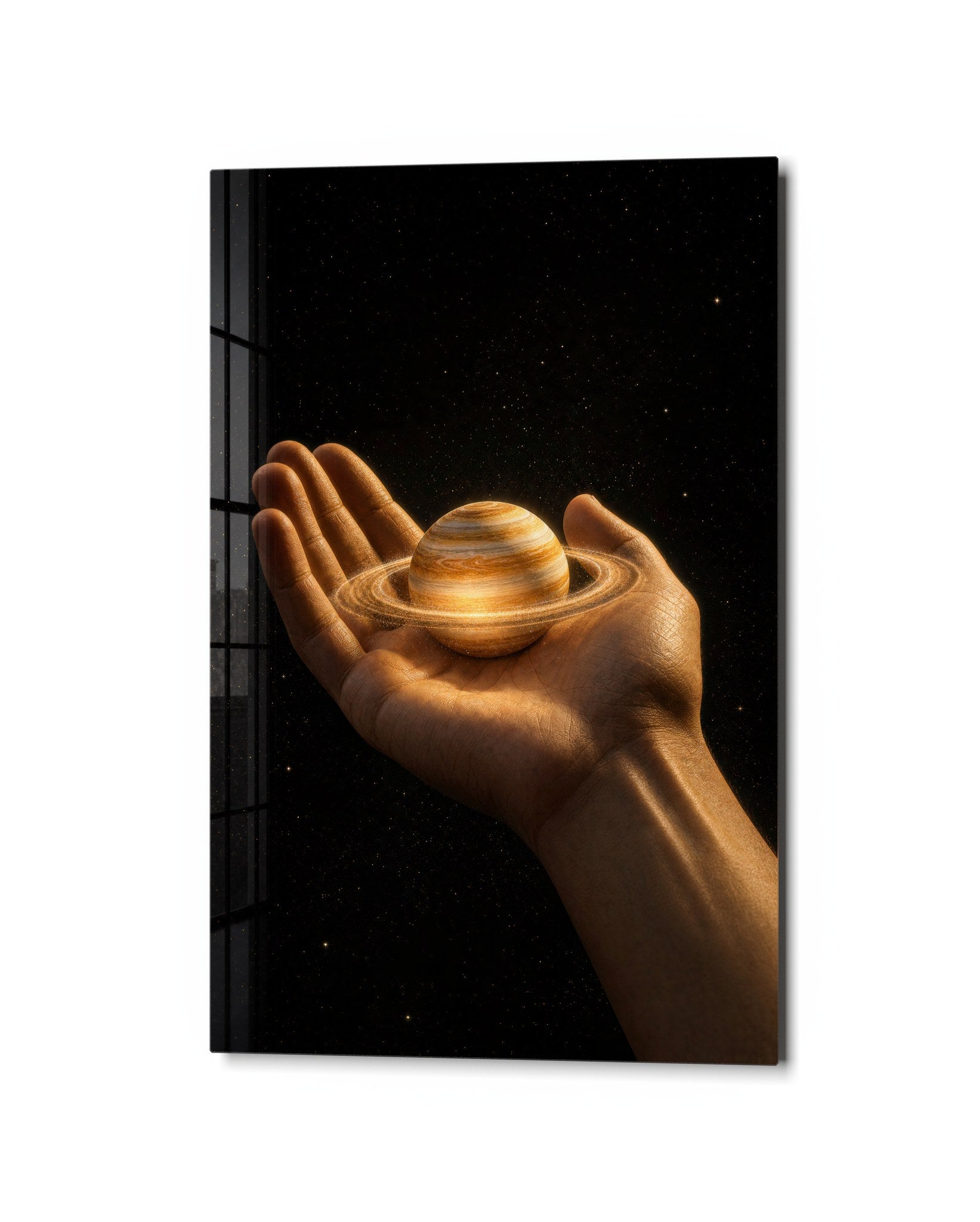 Saturn in the Palm glass wall art by Artdesigna, studio view