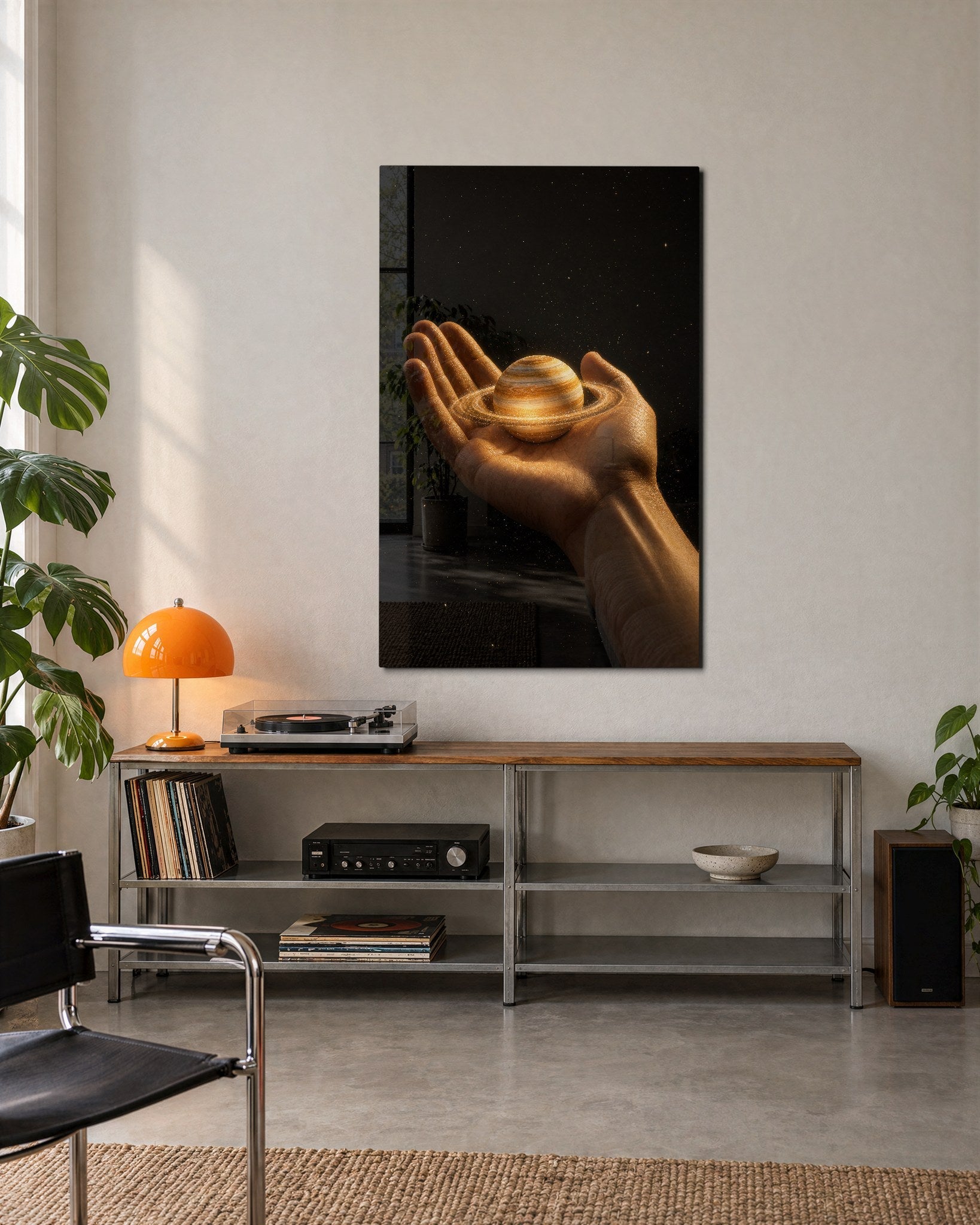 Saturn in the Palm glass wall art by Artdesigna, lifestyle view