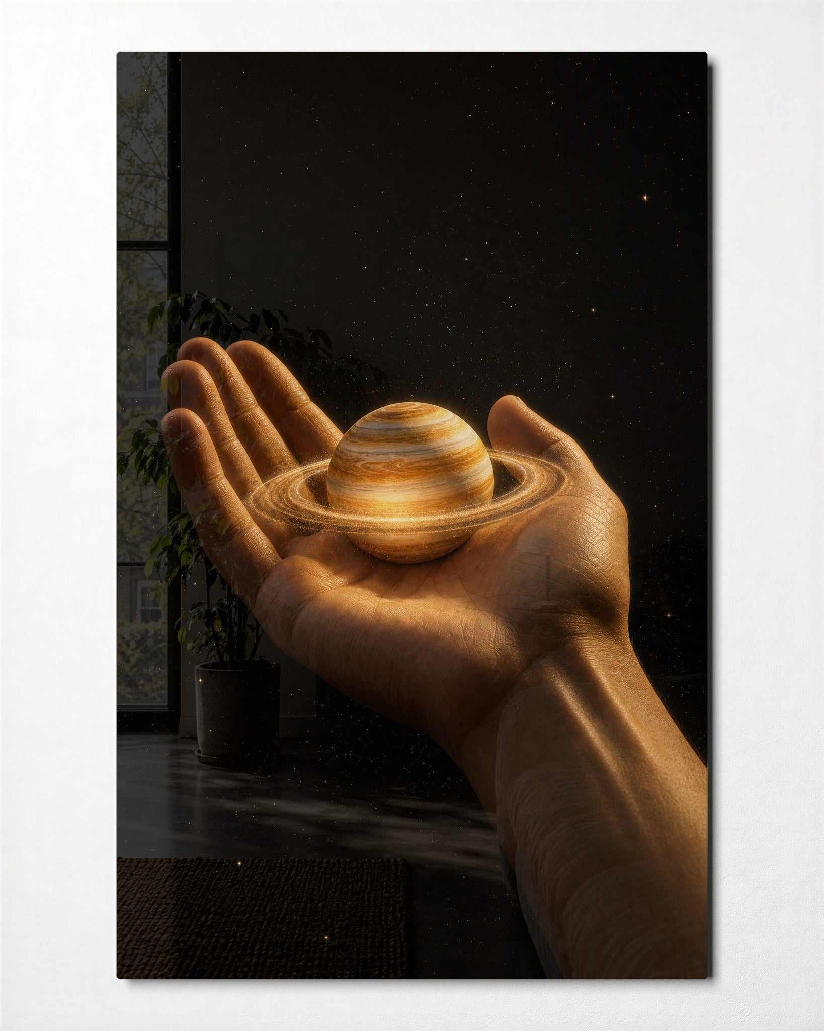Saturn in the Palm glass wall art by Artdesigna, front view