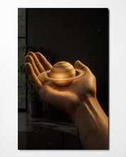 Saturn in the Palm glass wall art by Artdesigna, front view