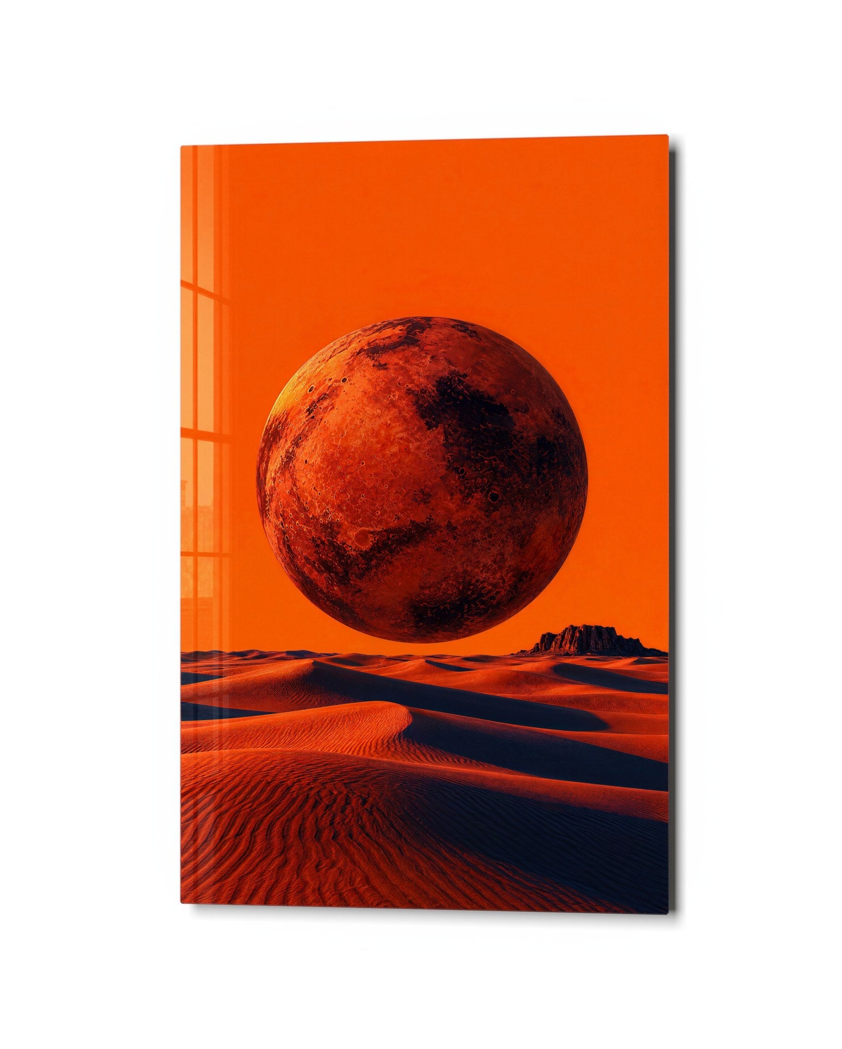 Rust Moon Above Sand glass wall art by Artdesigna, studio view