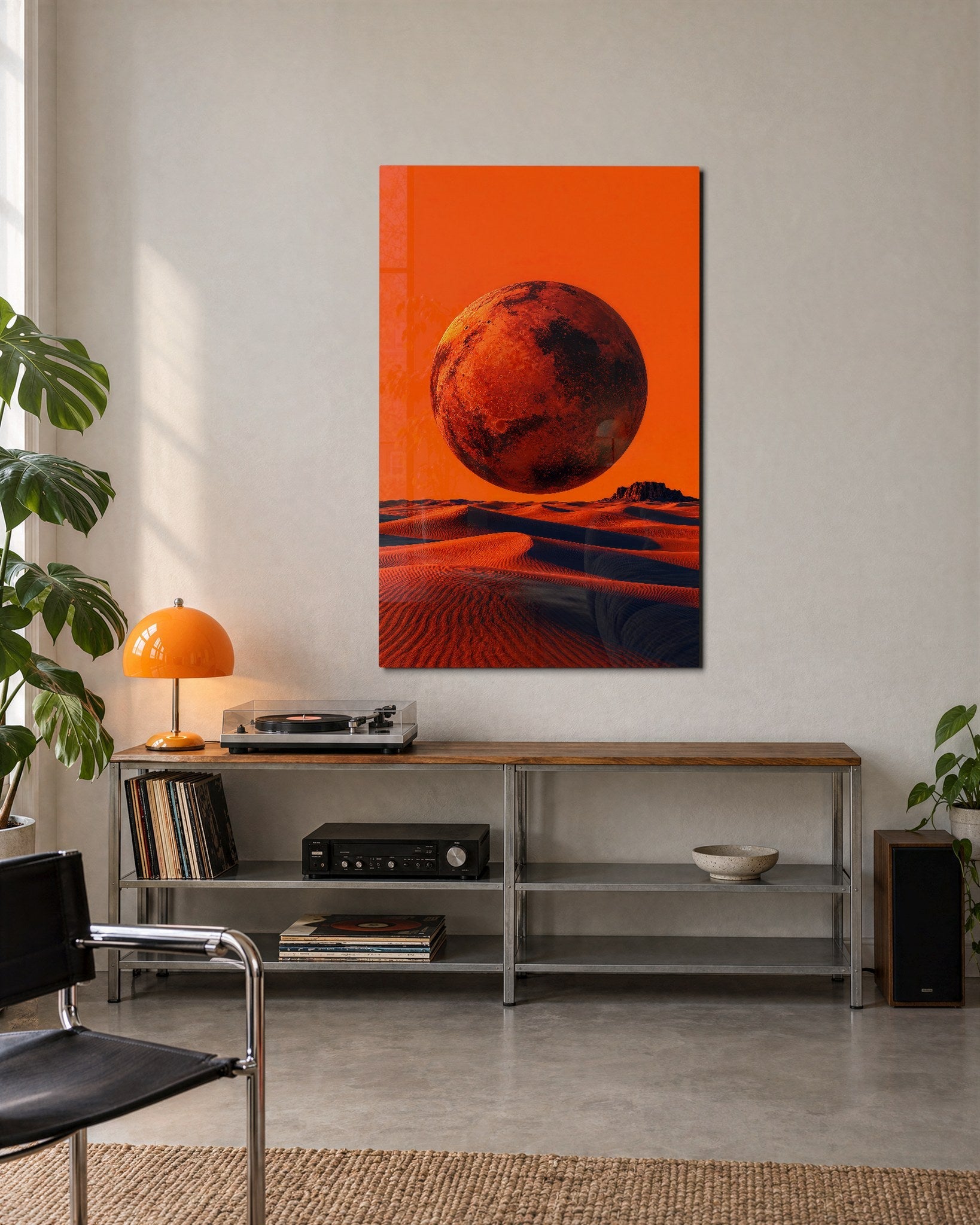 Rust Moon Above Sand glass wall art by Artdesigna, lifestyle view