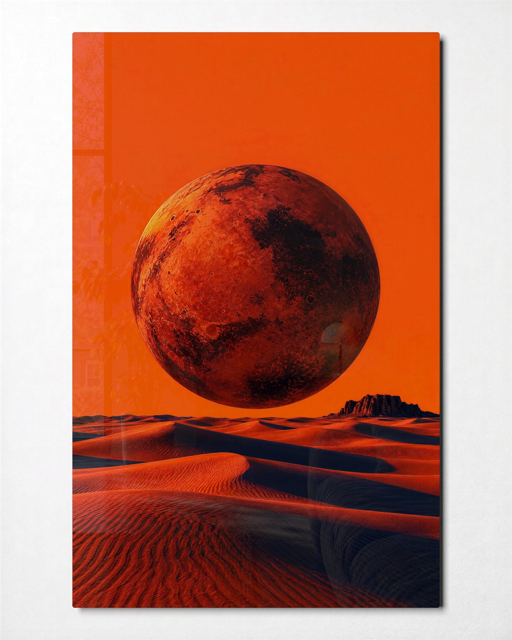 Rust Moon Above Sand glass wall art by Artdesigna, front view