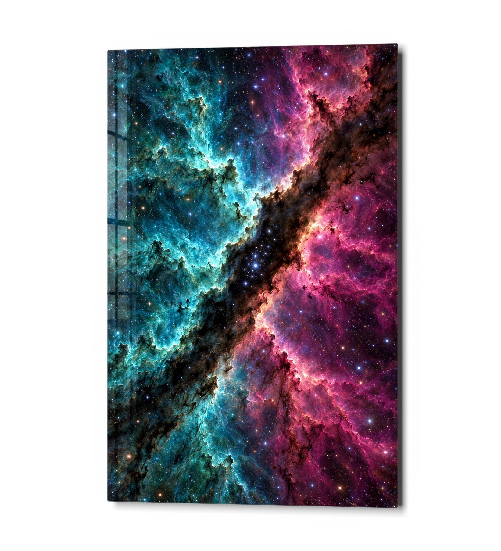 Divided Galaxy glass wall art by Artdesigna featuring abstract galaxy design on clear glass surface.