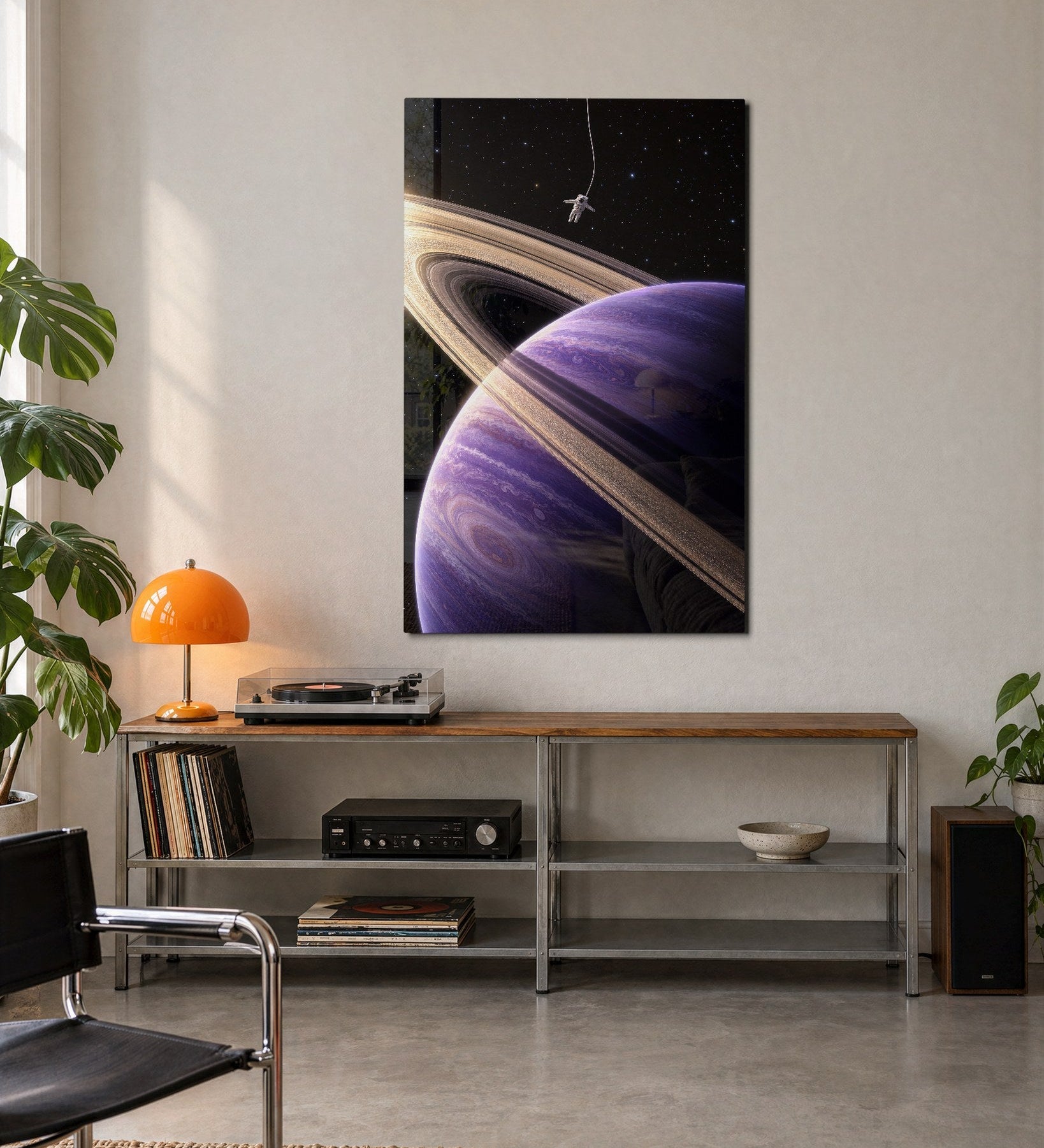 Small astronaut glass wall art with large rings by Artdesigna, displayed on a modern wall with a creative, space-inspired design.