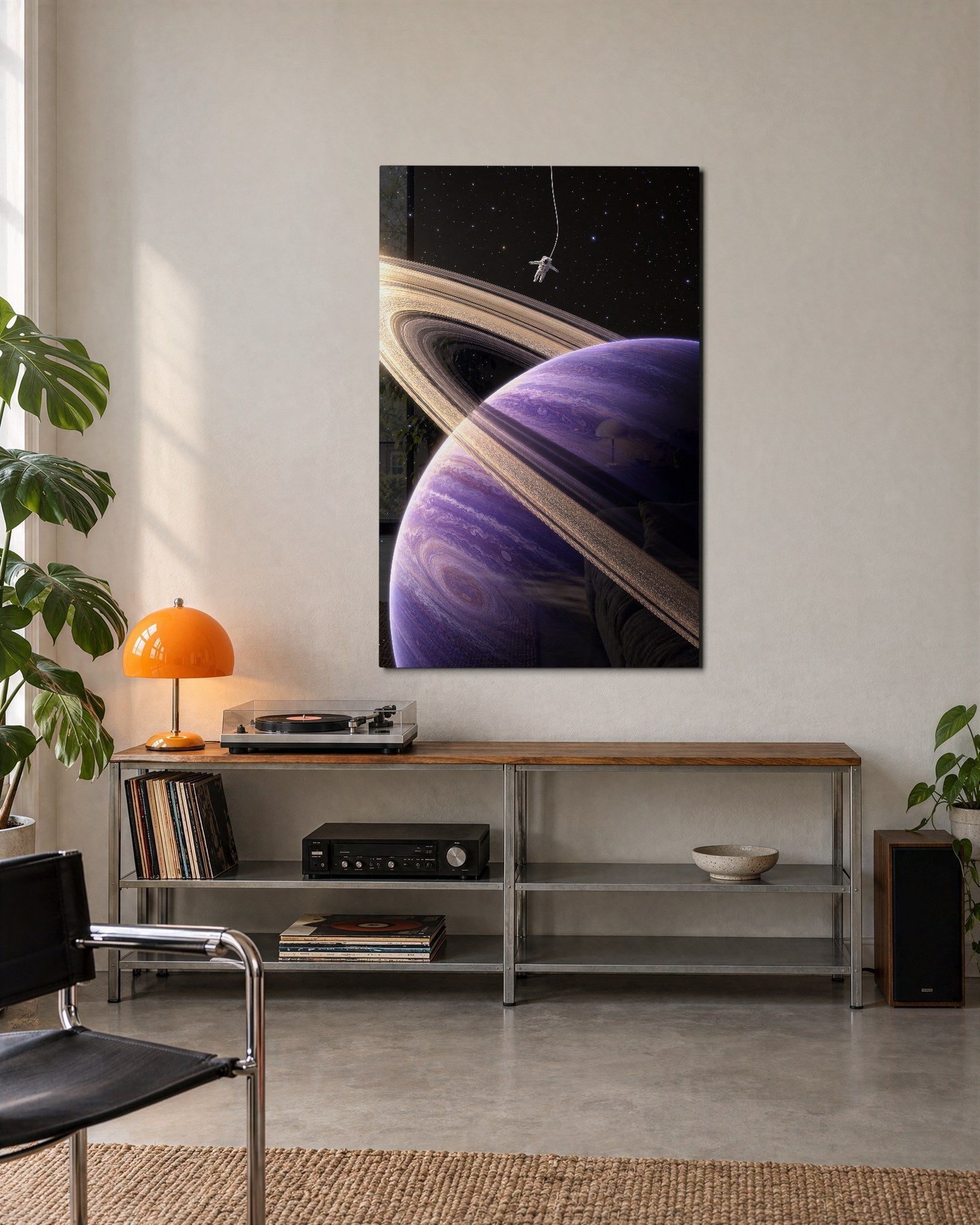 Small Astronaut, Huge Rings glass wall art by Artdesigna, lifestyle view