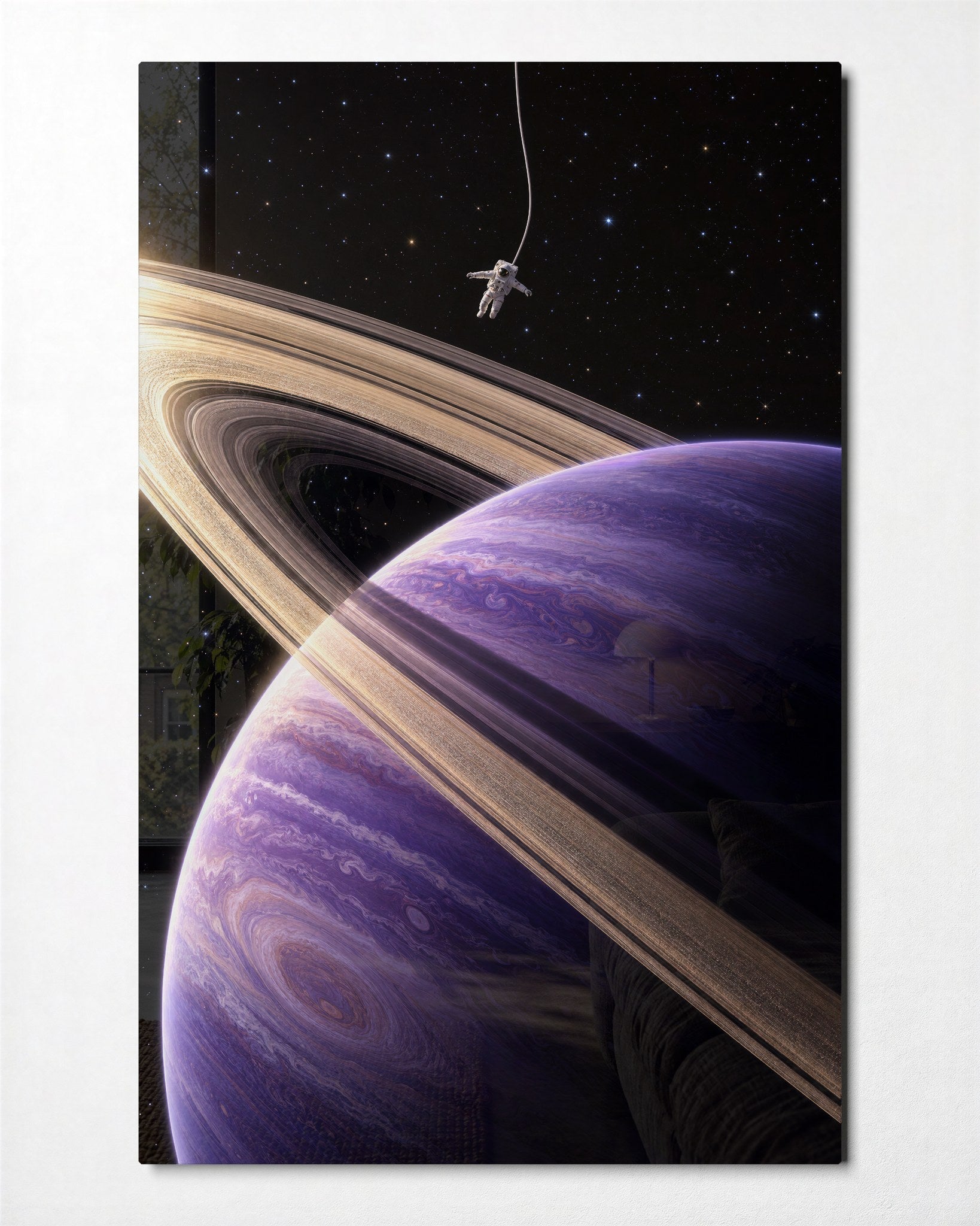 Small Astronaut, Huge Rings glass wall art by Artdesigna, front view