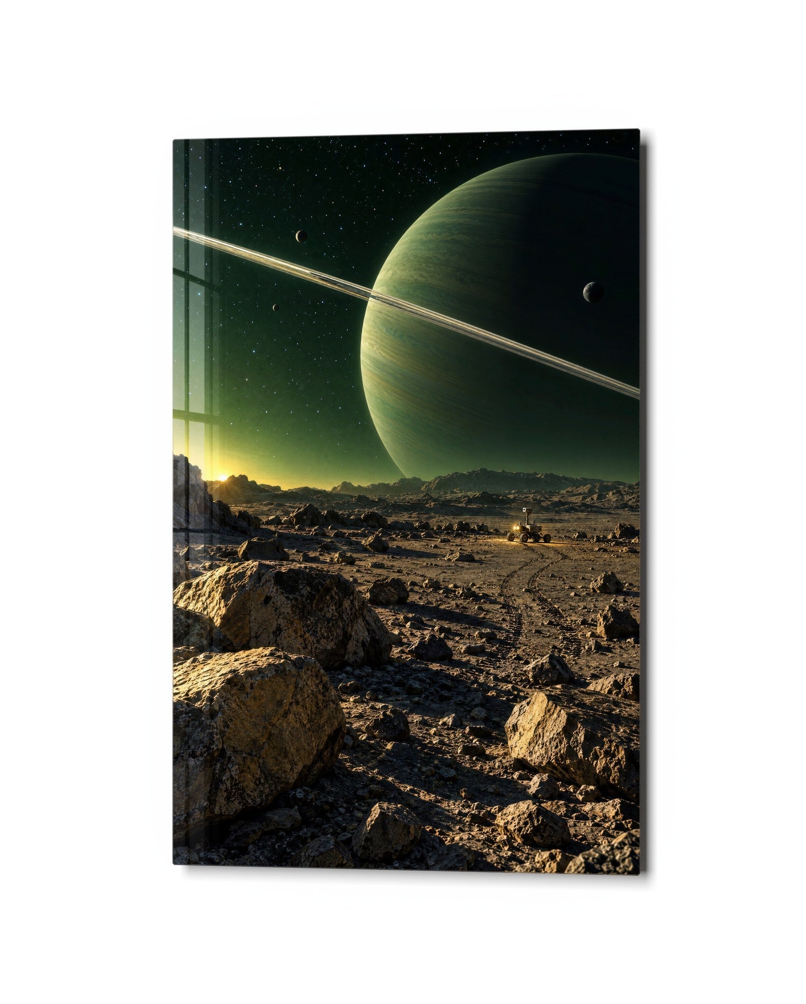 A Greenish World Looms glass wall art by Artdesigna, studio view