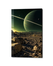 A Greenish World Looms glass wall art by Artdesigna, studio view