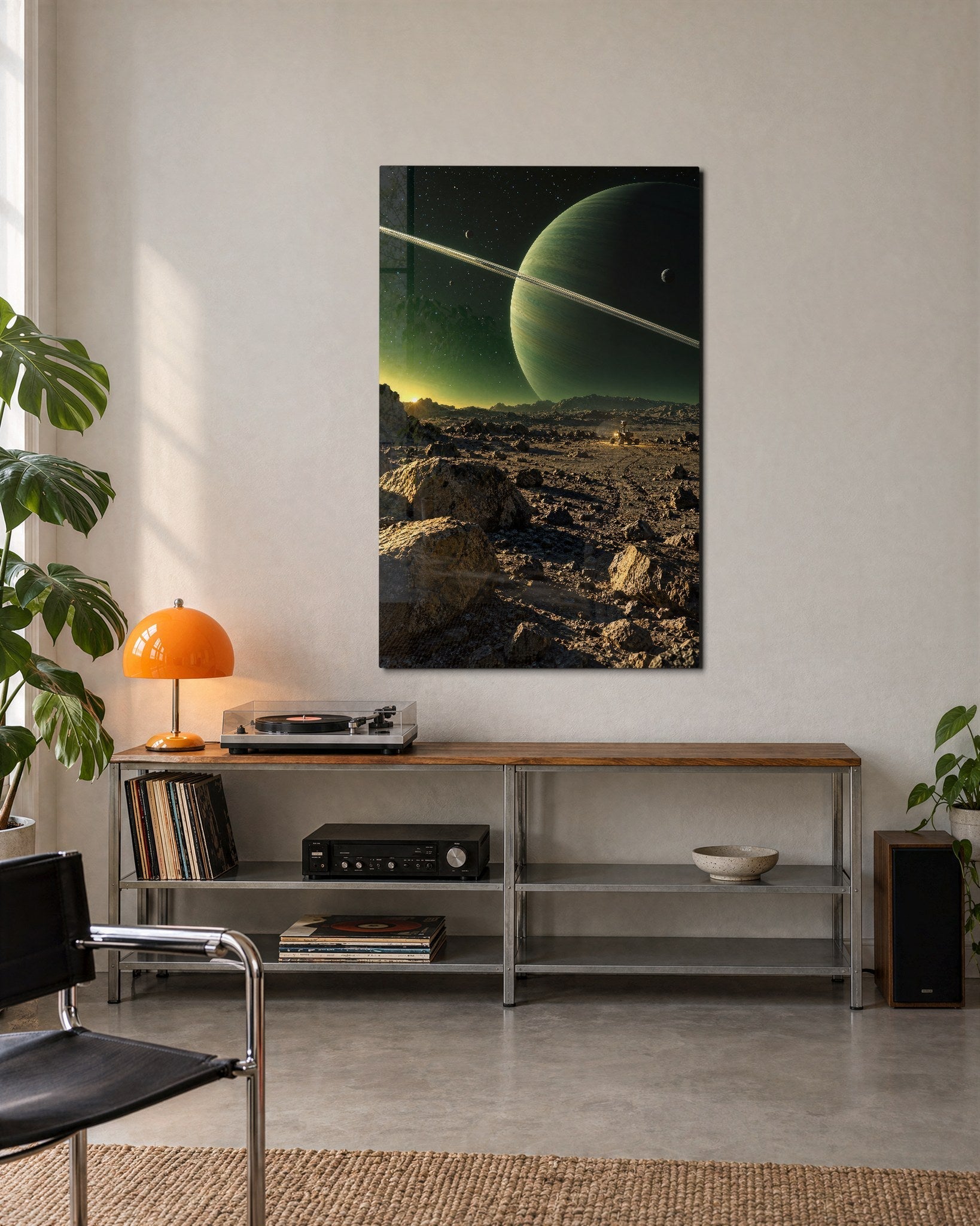 A Greenish World Looms glass wall art by Artdesigna, lifestyle view