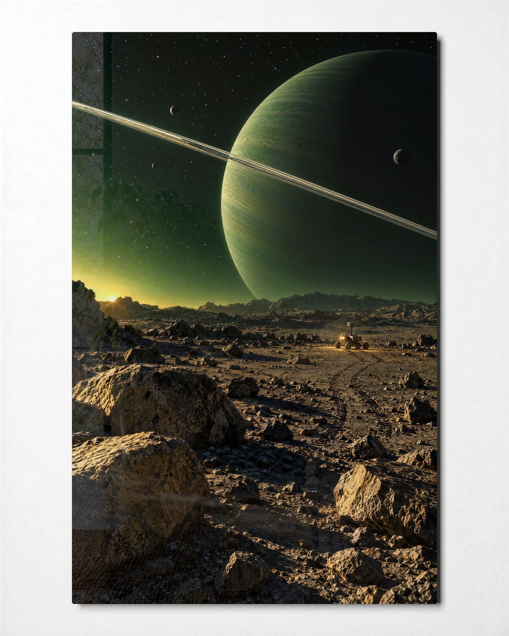 A Greenish World Looms glass wall art by Artdesigna, front view