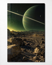 A Greenish World Looms glass wall art by Artdesigna, front view