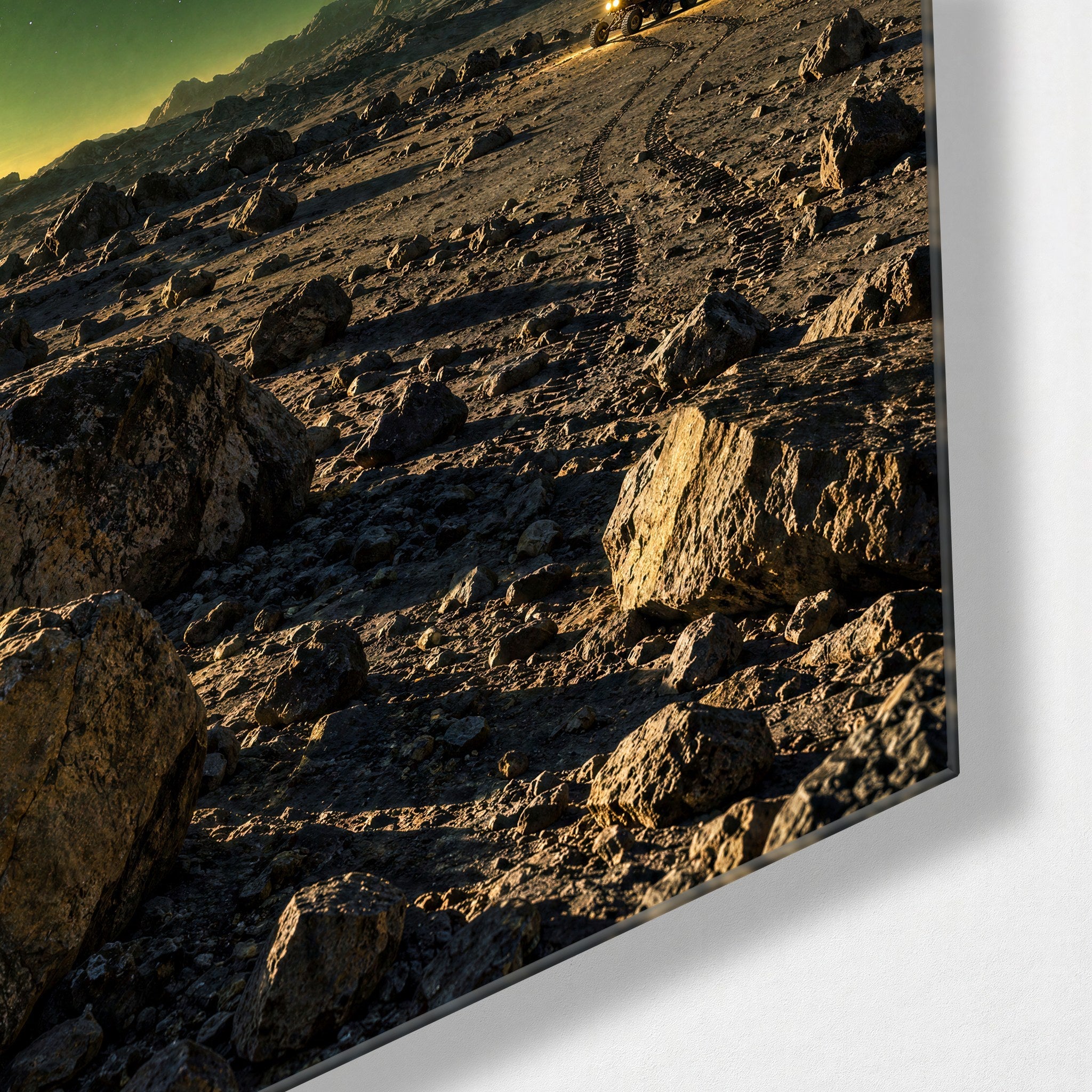 A Greenish World Looms glass wall art by Artdesigna, corner view