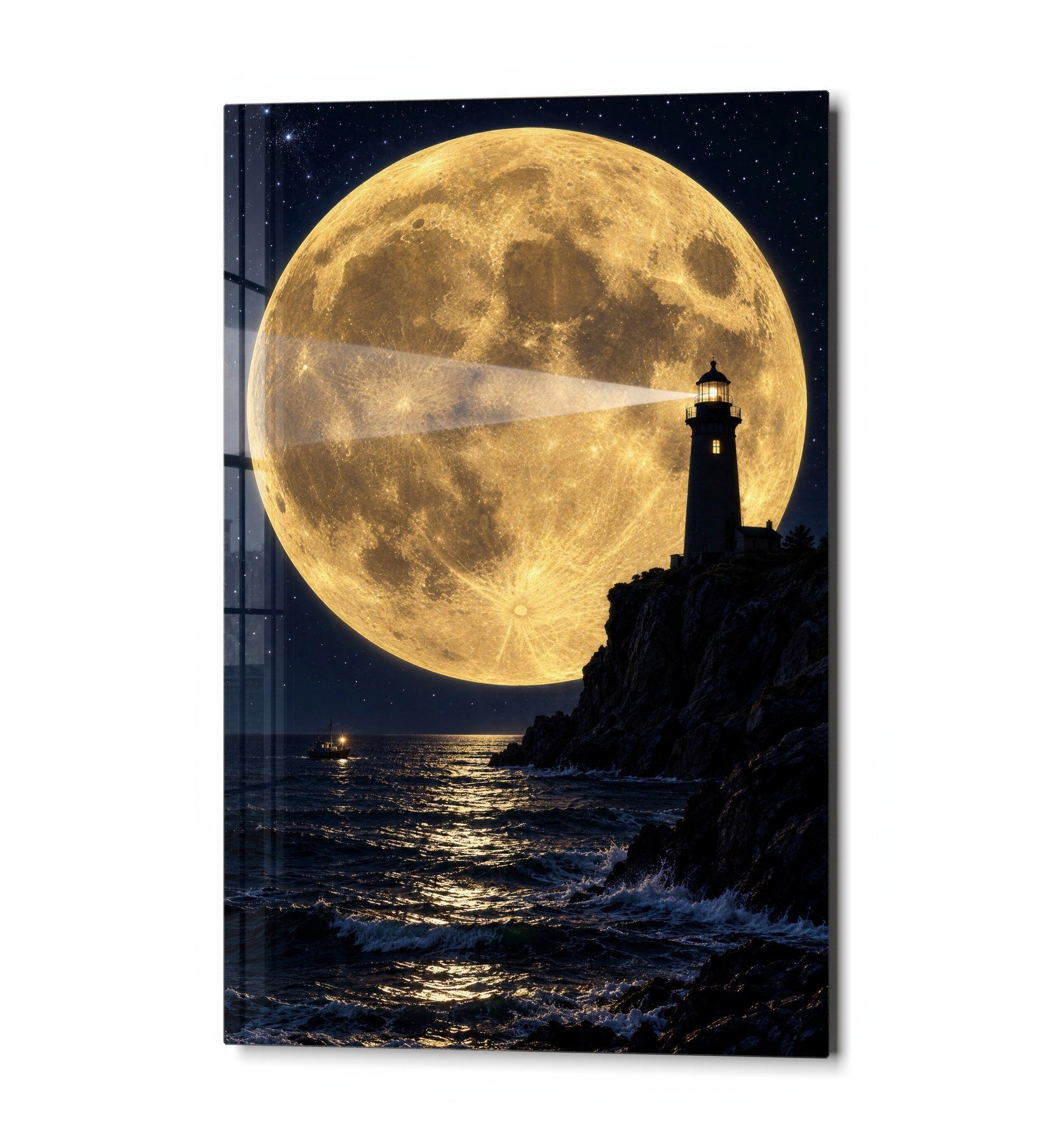 Glass wall art titled "Beam Toward a Yellow Giant" by Artdesigna featuring vibrant yellow glass with abstract design.