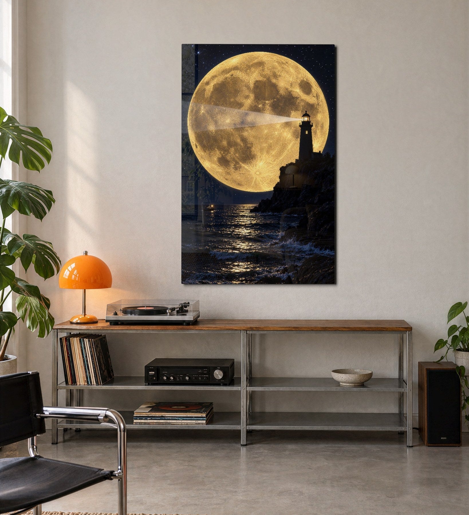 Glass wall art titled "Beam Toward a Yellow Giant" by Artdesigna featuring vibrant yellow and abstract design in a modern living space.