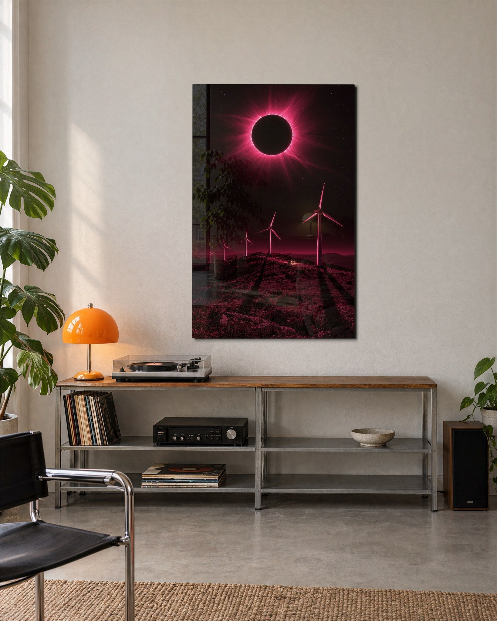 Pink Sky, Slow Blades glass wall art by Artdesigna, lifestyle view