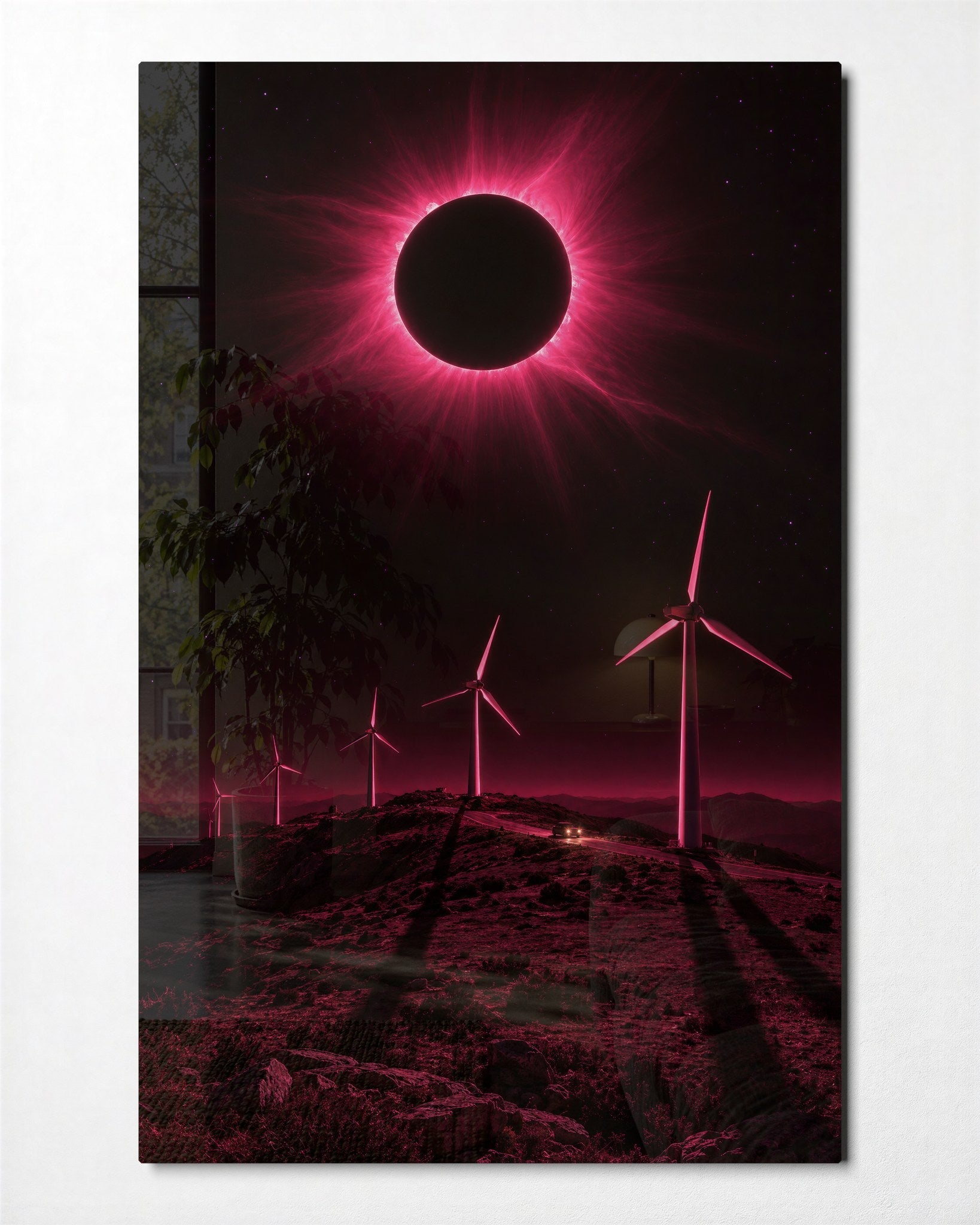 Pink Sky, Slow Blades glass wall art by Artdesigna, front view