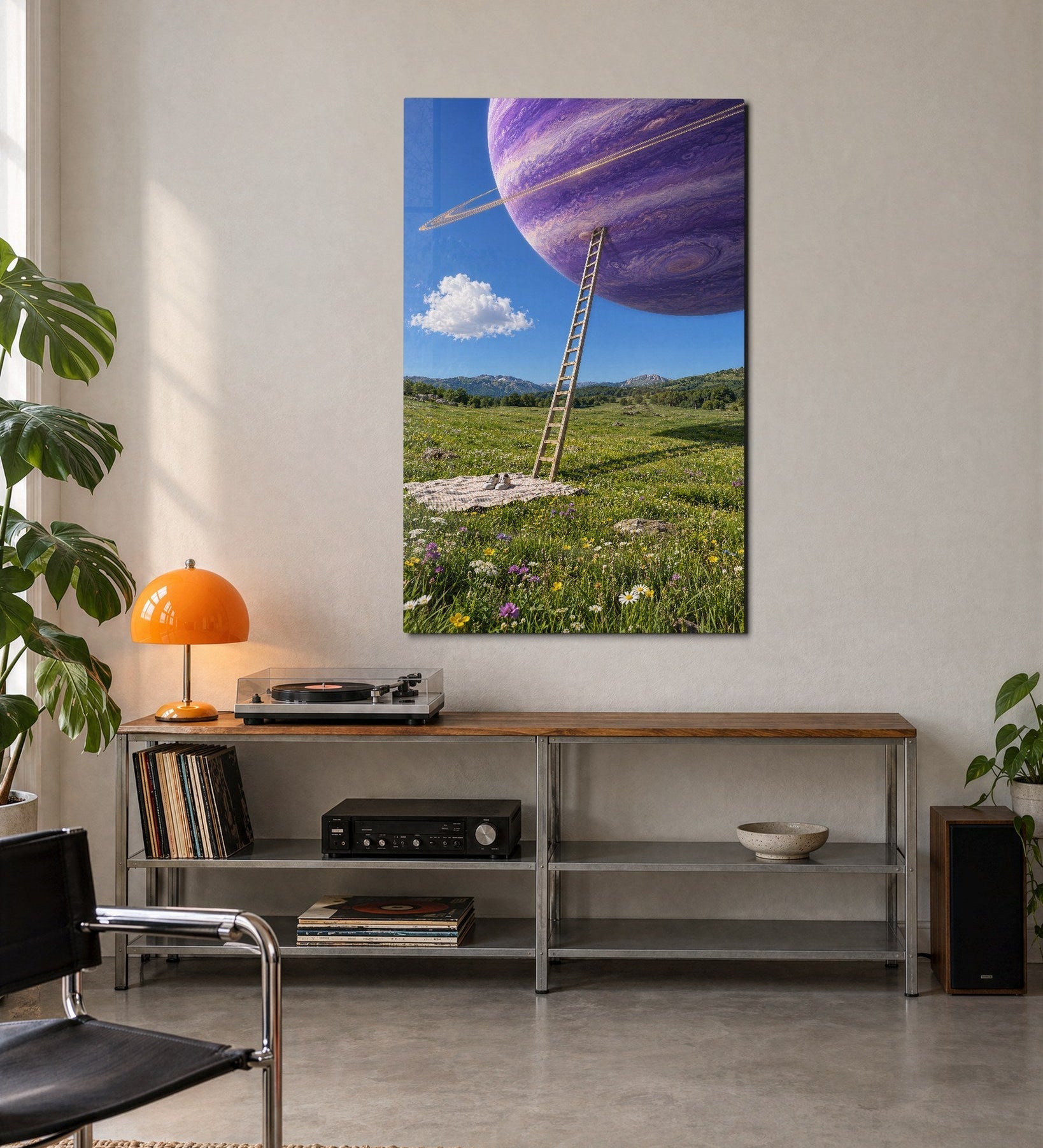 Glass wall art titled "Climb Toward a Purple World" by Artdesigna featuring vibrant purple hues and abstract mountain design.